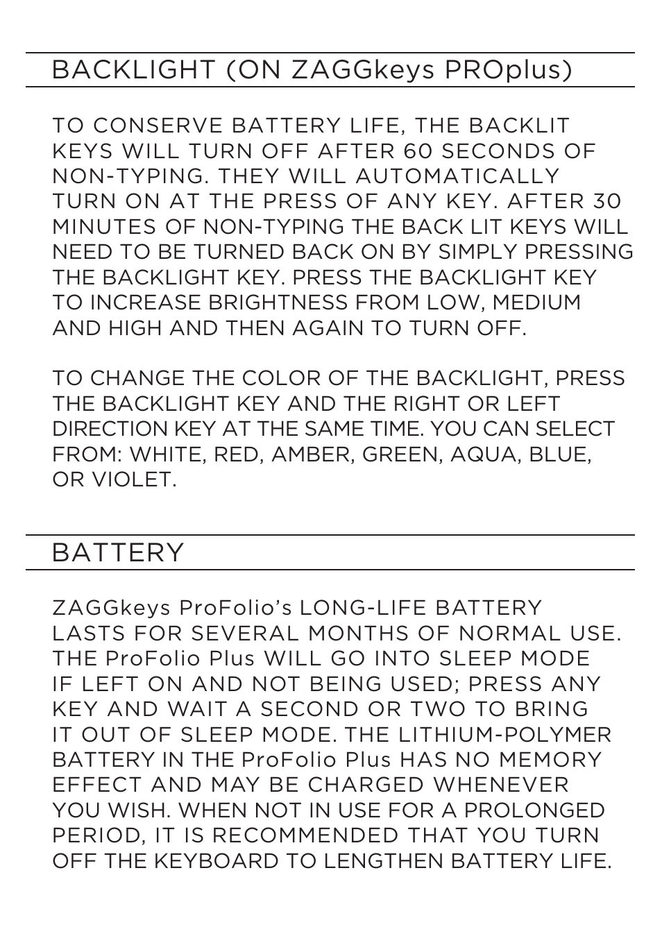 Backlight (on zaggkeys proplus), Battery | ZAGG ZAGGkeys PROfolio/PROfolio+ for iPad 2, 3, & 4 User Manual | Page 8 / 12