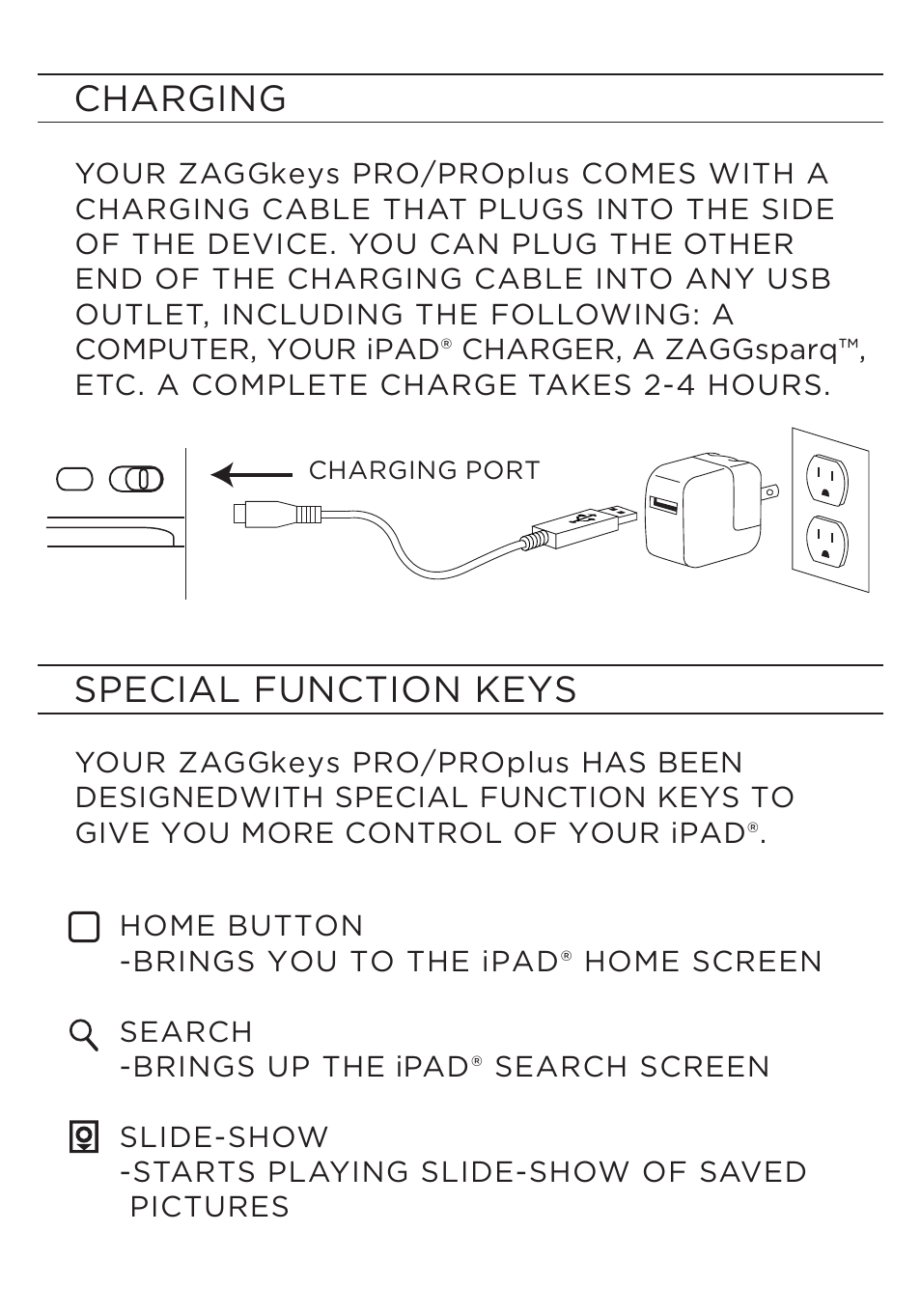 Charging special function keys | ZAGG ZAGGkeys PRO/PROplus for iPad 2, 3, & 4 User Manual | Page 5 / 12
