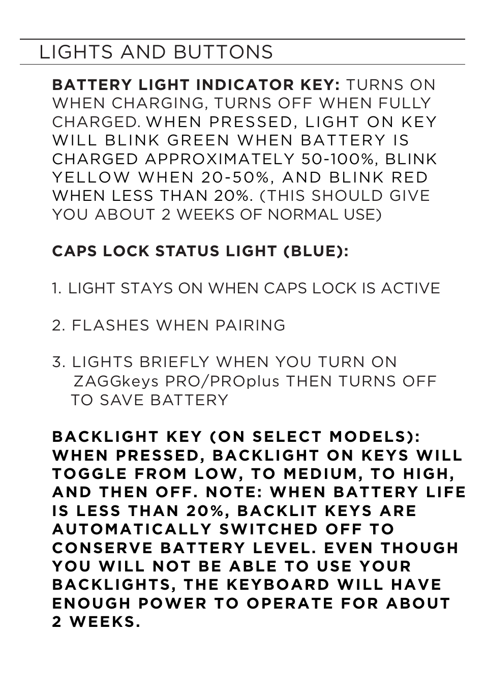 Lights and buttons | ZAGG ZAGGkeys PRO/PROplus for iPad 2, 3, & 4 User Manual | Page 7 / 12