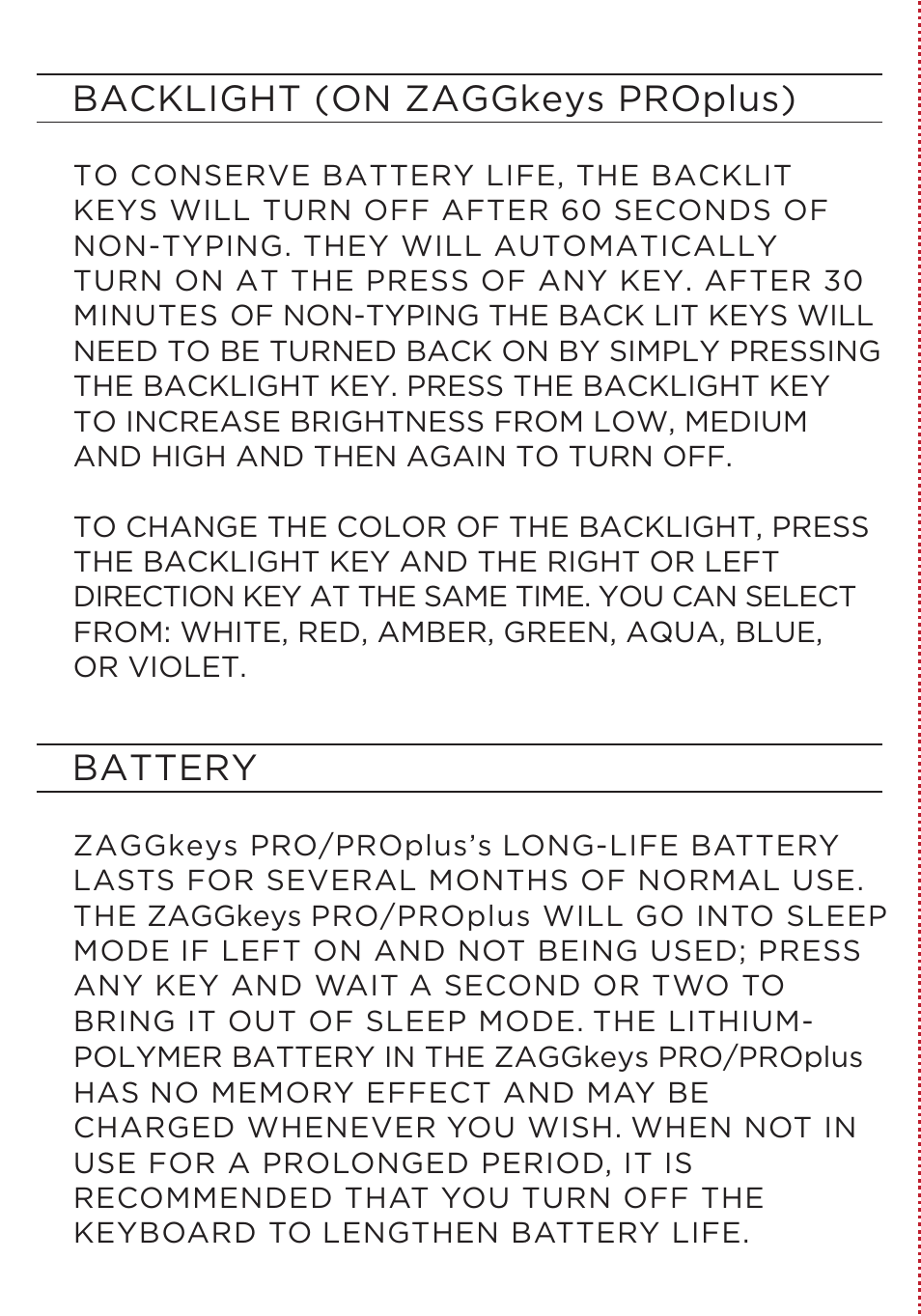Backlight (on zaggkeys proplus), Battery | ZAGG ZAGGkeys PRO/PROplus for iPad 2, 3, & 4 User Manual | Page 8 / 12