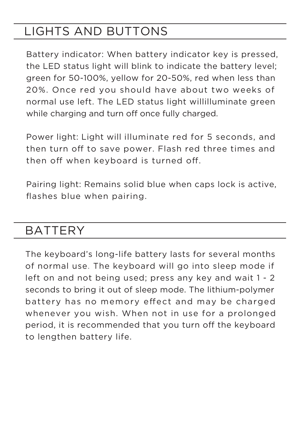 Lights and buttons, Battery | ZAGG ZAGGkeys MINI 9 for iPad mini User Manual | Page 5 / 8