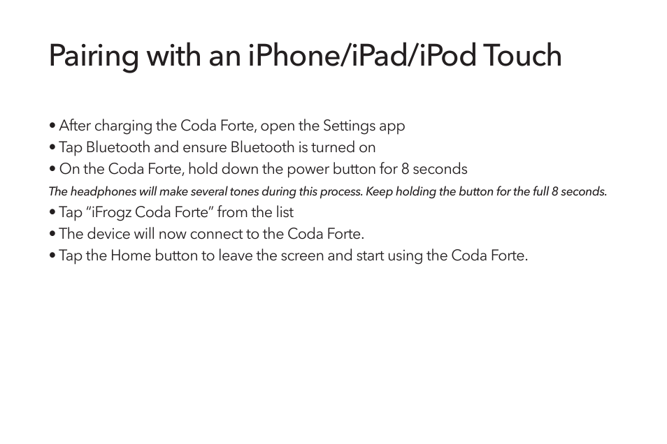 Pairing with an iphone/ipad/ipod touch | ZAGG Coda Forte User Manual | Page 6 / 12