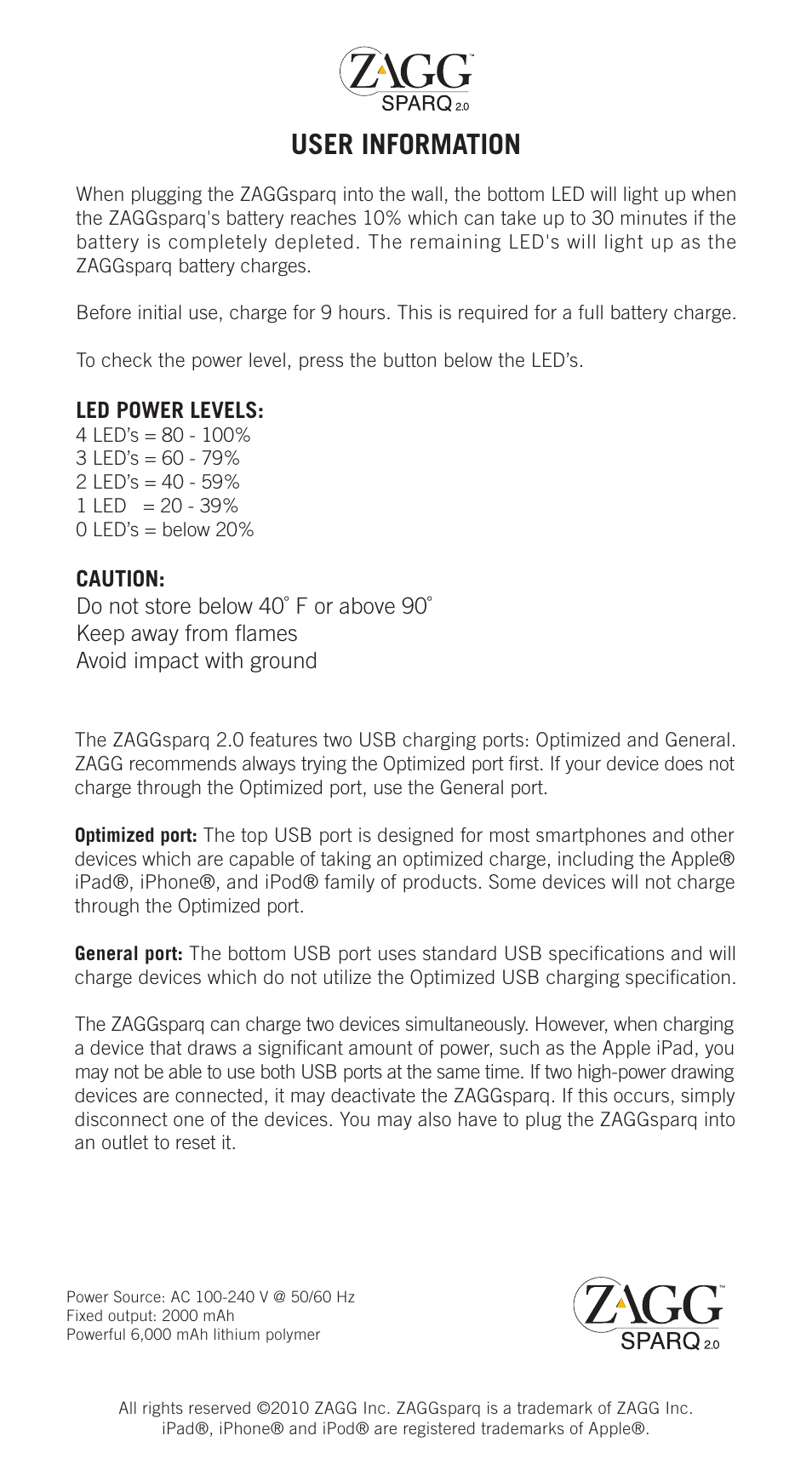 ZAGG ZAGGsparq 2.0 User Manual | 1 page