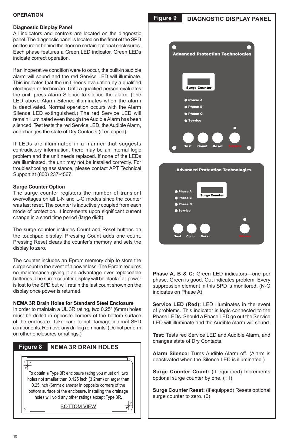 Figure 8 nema 3r drain holes figure 9, Diagnostic display panel | Advanced Protection XRL User Manual | Page 10 / 28