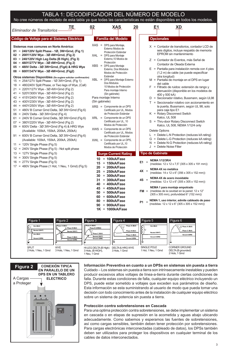 Tabla 1: decodificador del número de modelo, Figura 2, A cargas a proteger | Advanced Protection XRL User Manual | Page 17 / 28