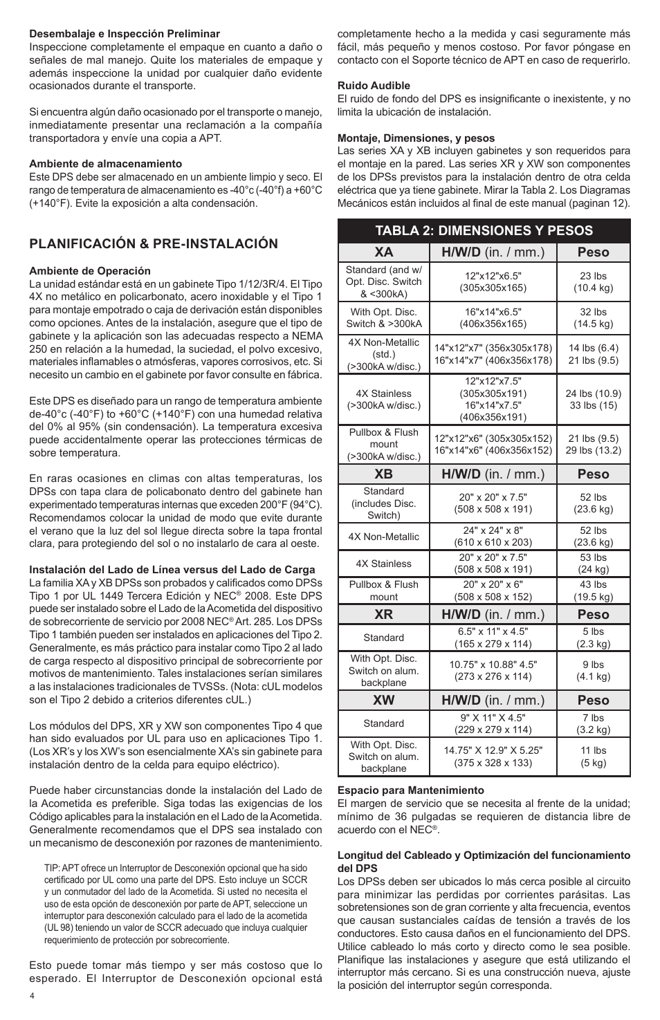 Planificación & pre-instalación, Xb h/w/d (in. / mm.) peso, Xr h/w/d (in. / mm.) peso | Xw h/w/d (in. / mm.) peso | Advanced Protection XRL User Manual | Page 18 / 28