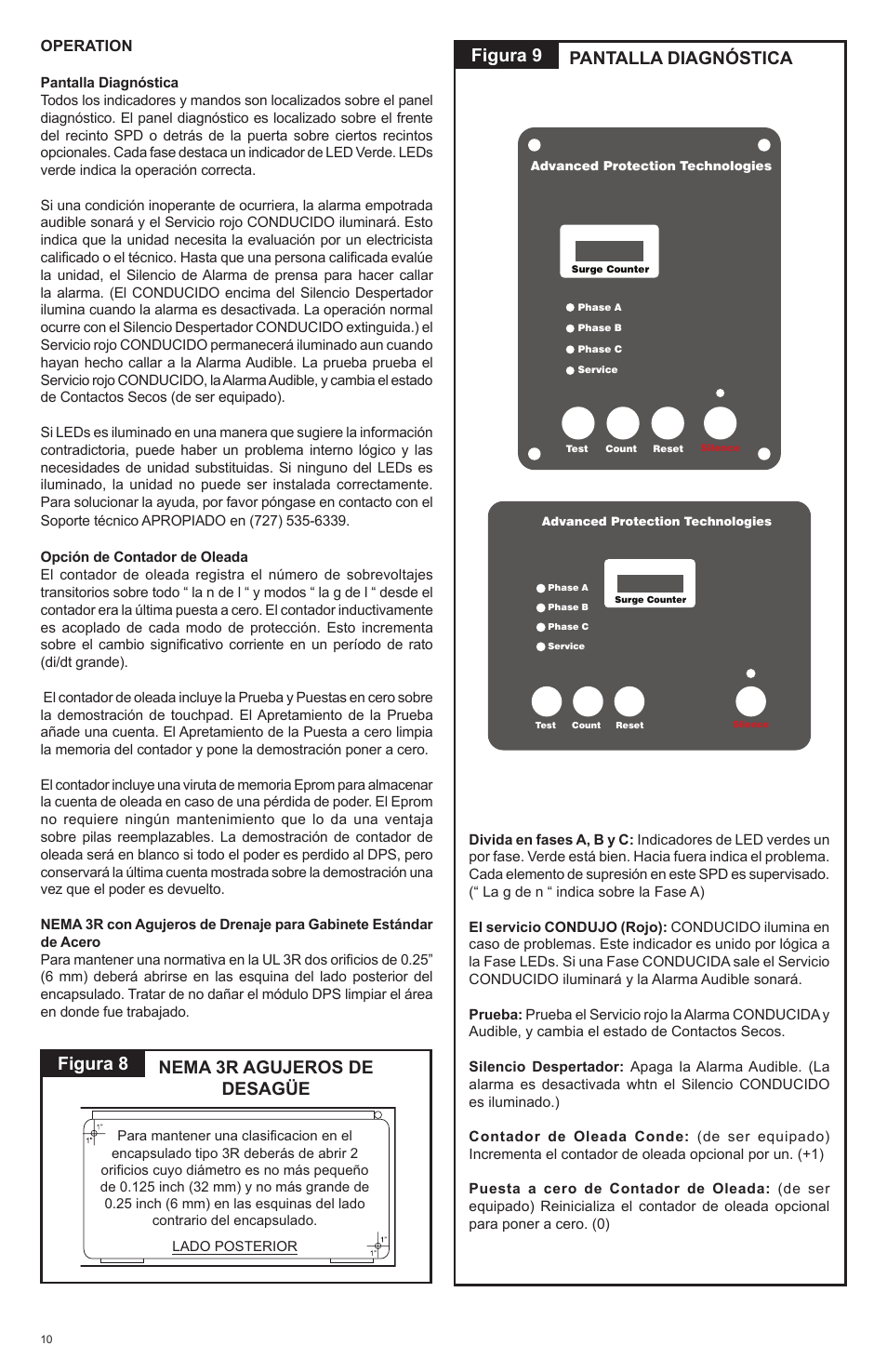 Figura 9, Pantalla diagnóstica, Figura 8 nema 3r agujeros de desagüe | Advanced Protection XRL User Manual | Page 24 / 28