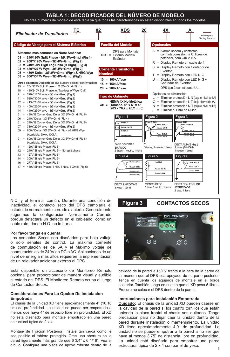 Tabla 1: decodificador del número de modelo, Contactos secos figura 3 | Advanced Protection XDS User Manual | Page 15 / 20