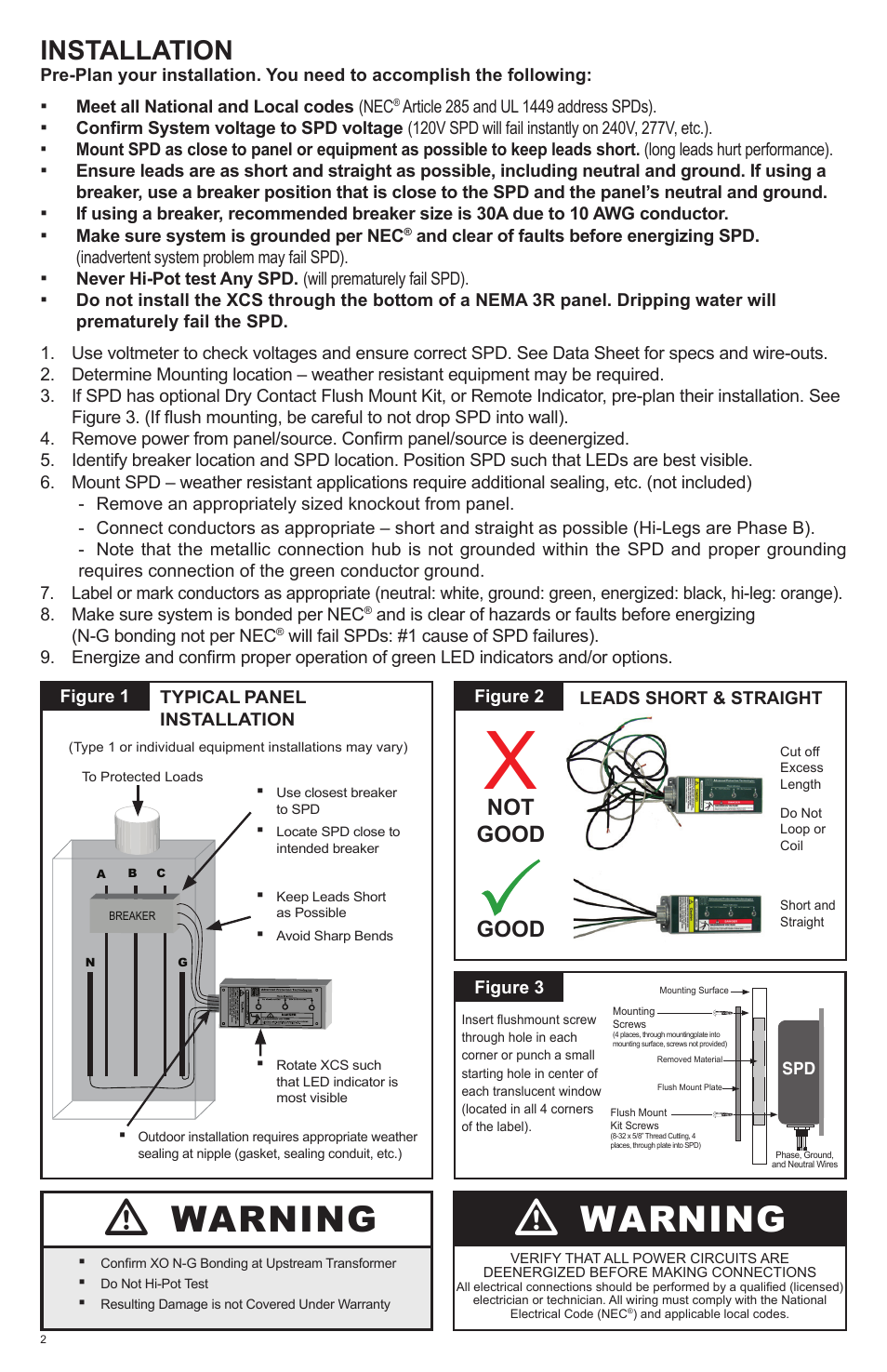 Warning, Installation, Not good | Good | Advanced Protection XCS User Manual | Page 2 / 8