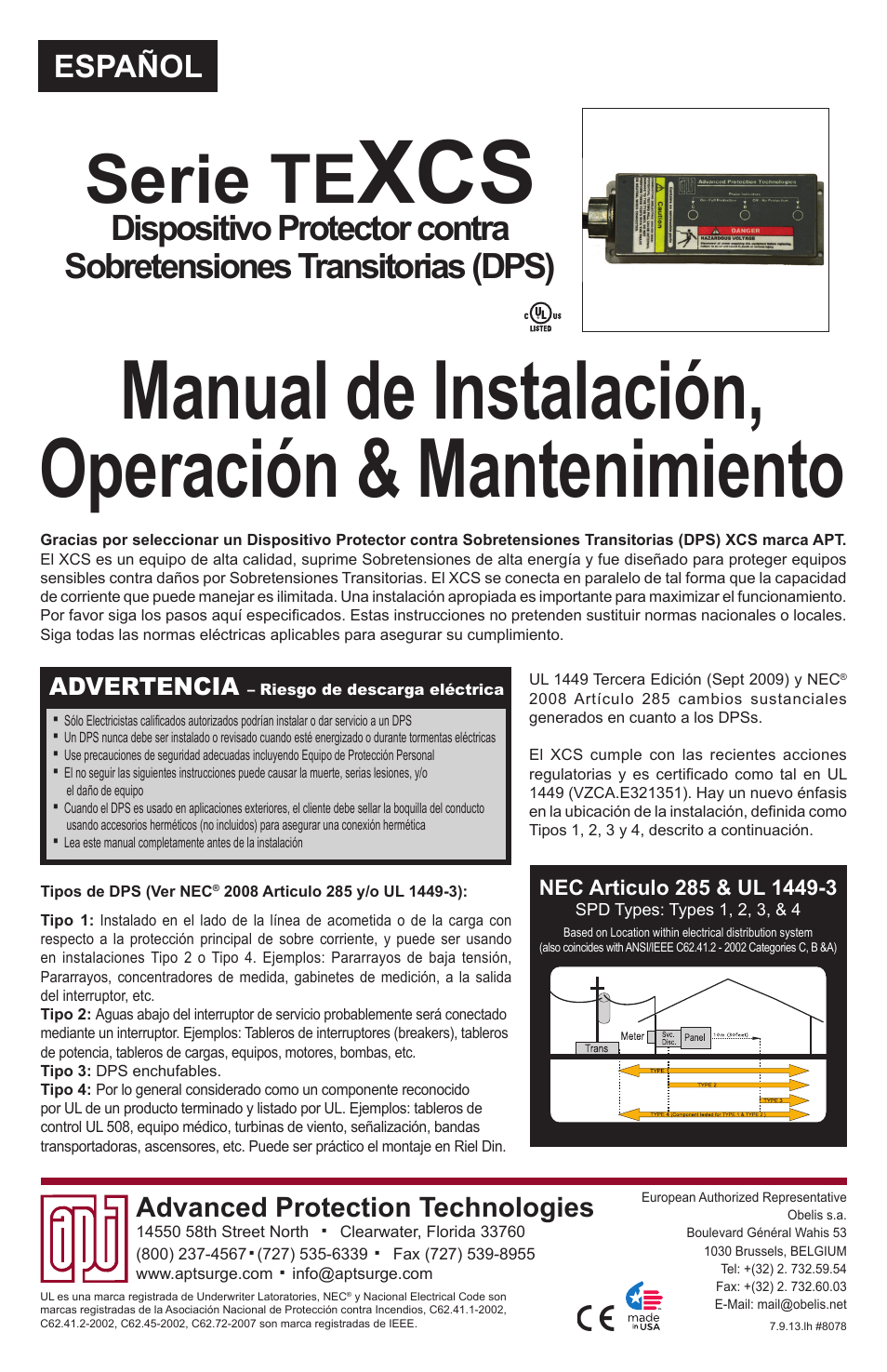 Manual de instalación, operación & mantenimiento, Serie te, Español | Advanced protection technologies, Advertencia | Advanced Protection XCS User Manual | Page 5 / 8