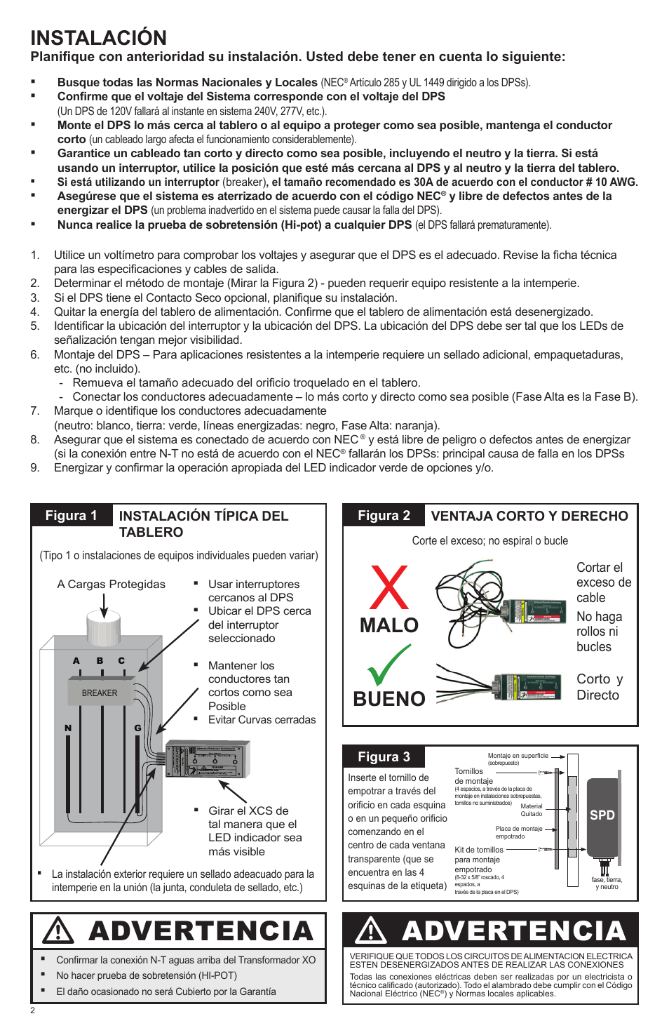 Advertencia, Instalación, Malo | Bueno | Advanced Protection XCS User Manual | Page 6 / 8