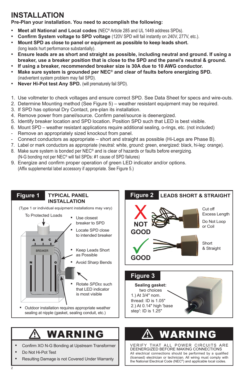 Warning, Installation, Not good good | Figure 3, Figure 2 | Advanced Protection SPDee User Manual | Page 2 / 8