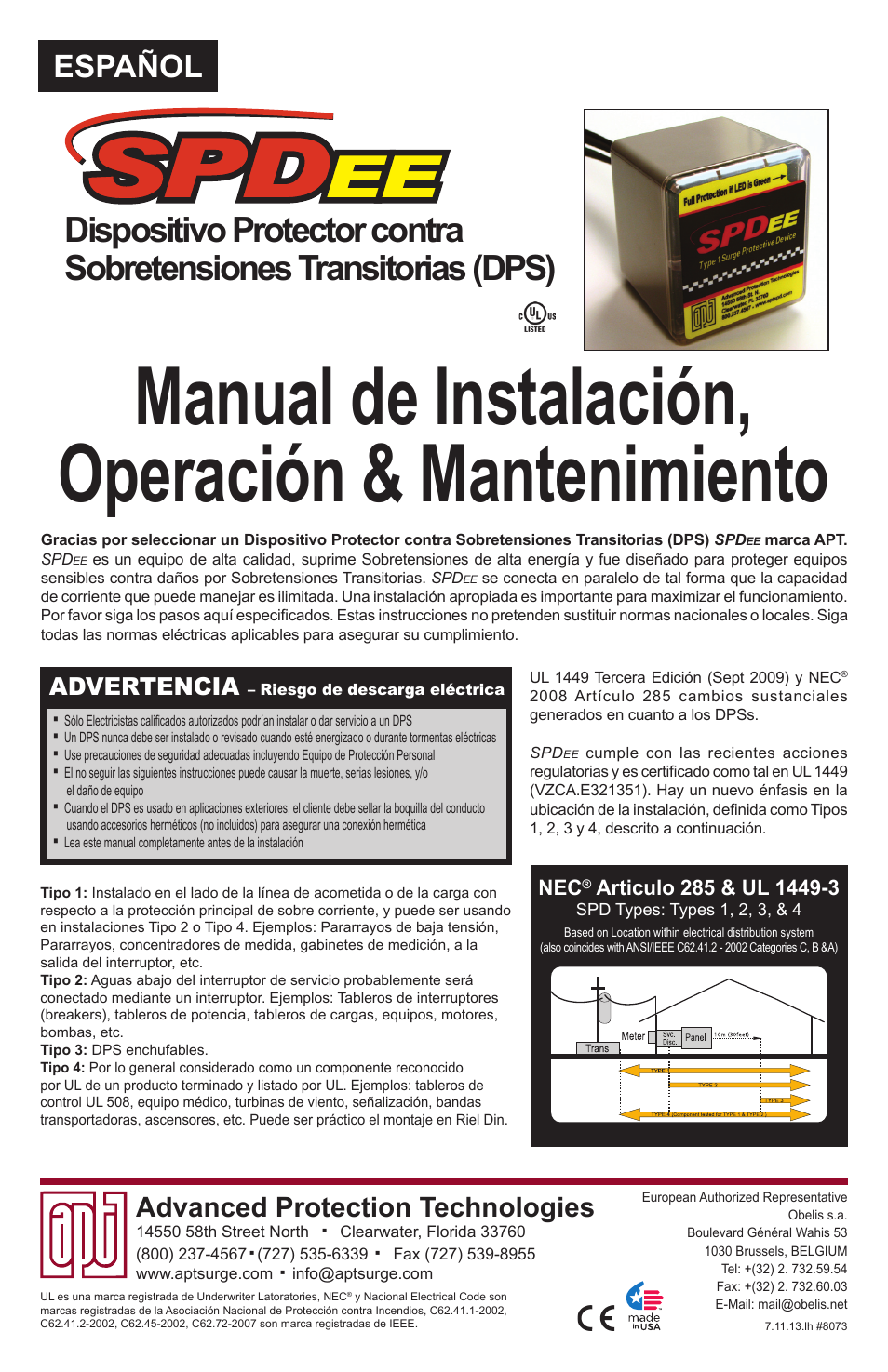 Manual de instalación, operación & mantenimiento, Español, Advanced protection technologies | Advertencia | Advanced Protection SPDee User Manual | Page 5 / 8