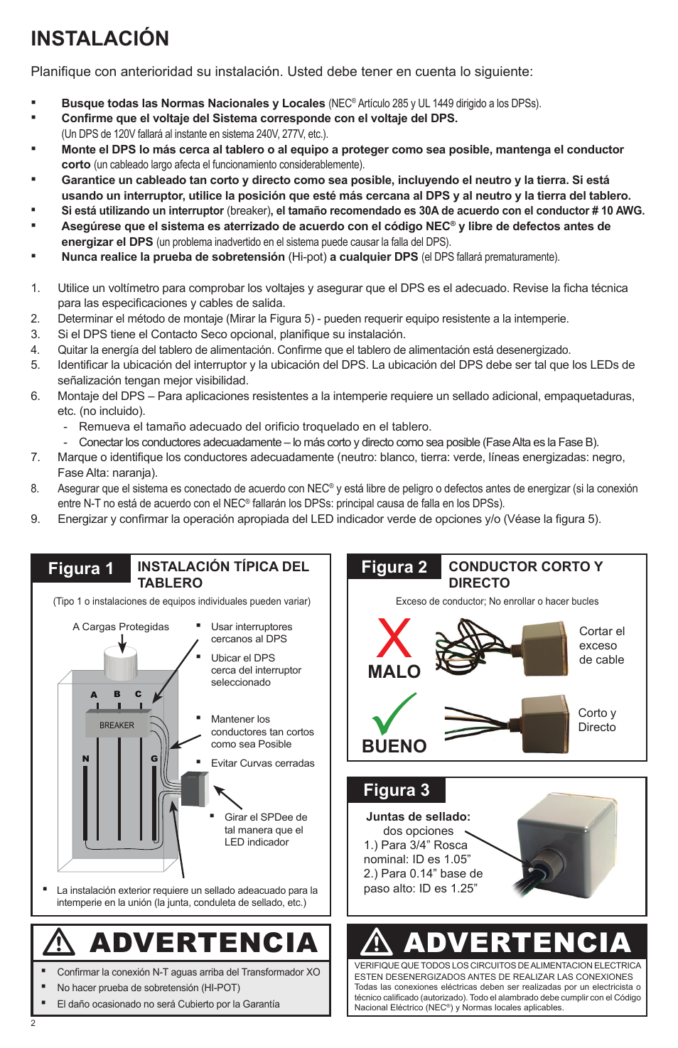 Advertencia, Instalación, Malo bueno | Figura, Figura 3, Figura 1 | Advanced Protection SPDee User Manual | Page 6 / 8