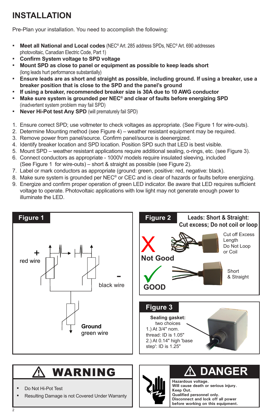 Warning, Danger, Installation | Not good good | Advanced Protection SPDee DC User Manual | Page 2 / 8