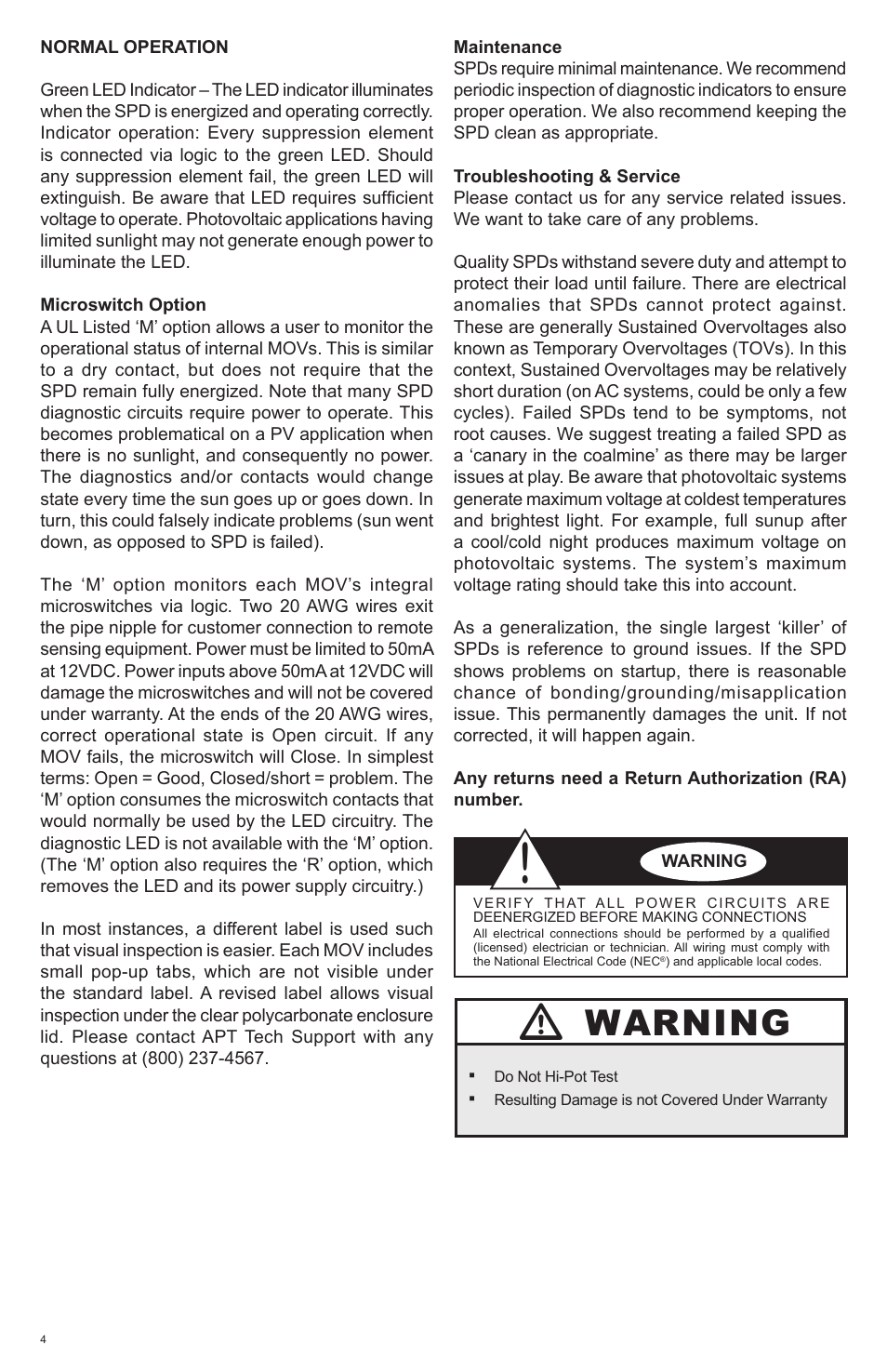 Warning | Advanced Protection SPDee DC User Manual | Page 4 / 8