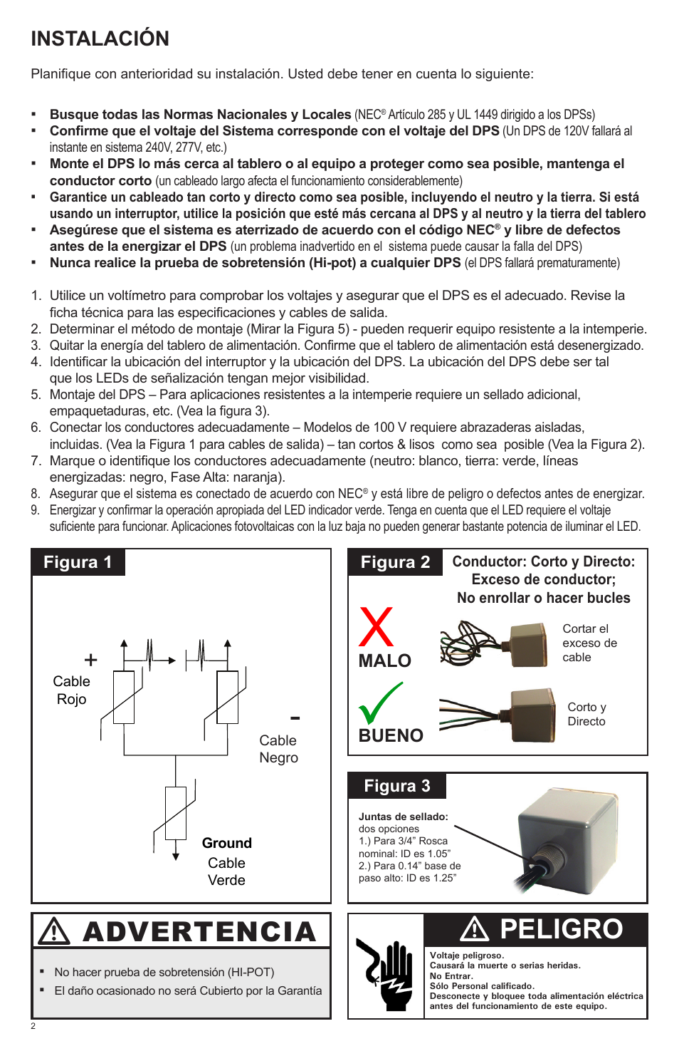 Advertencia, Peligro, Instalación | Malo bueno | Advanced Protection SPDee DC User Manual | Page 6 / 8