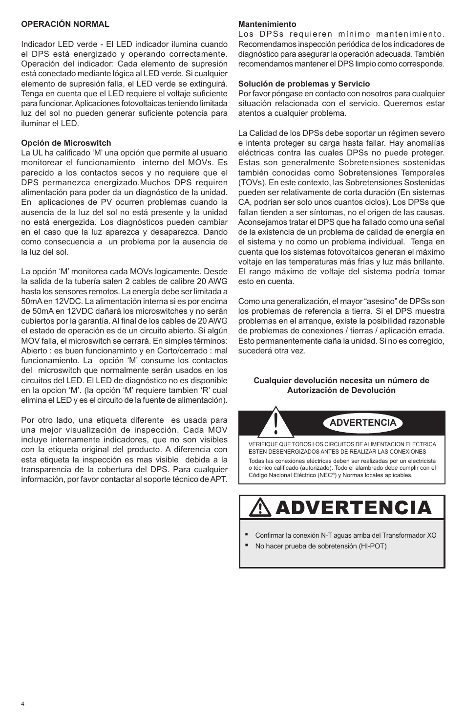 Advertencia | Advanced Protection SPDee DC User Manual | Page 8 / 8