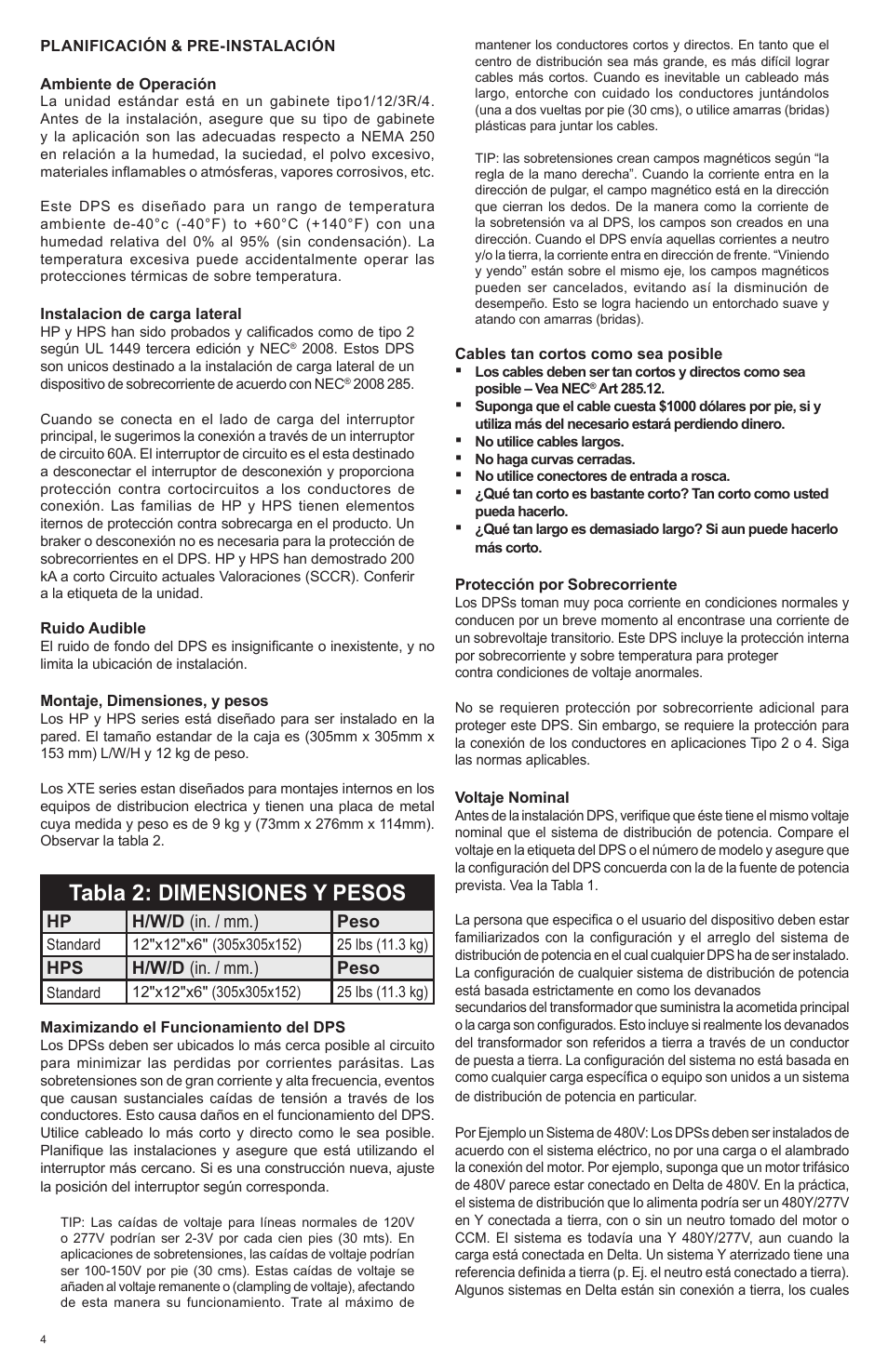 Tabla 2: dimensiones y pesos | Advanced Protection HPS User Manual | Page 16 / 24