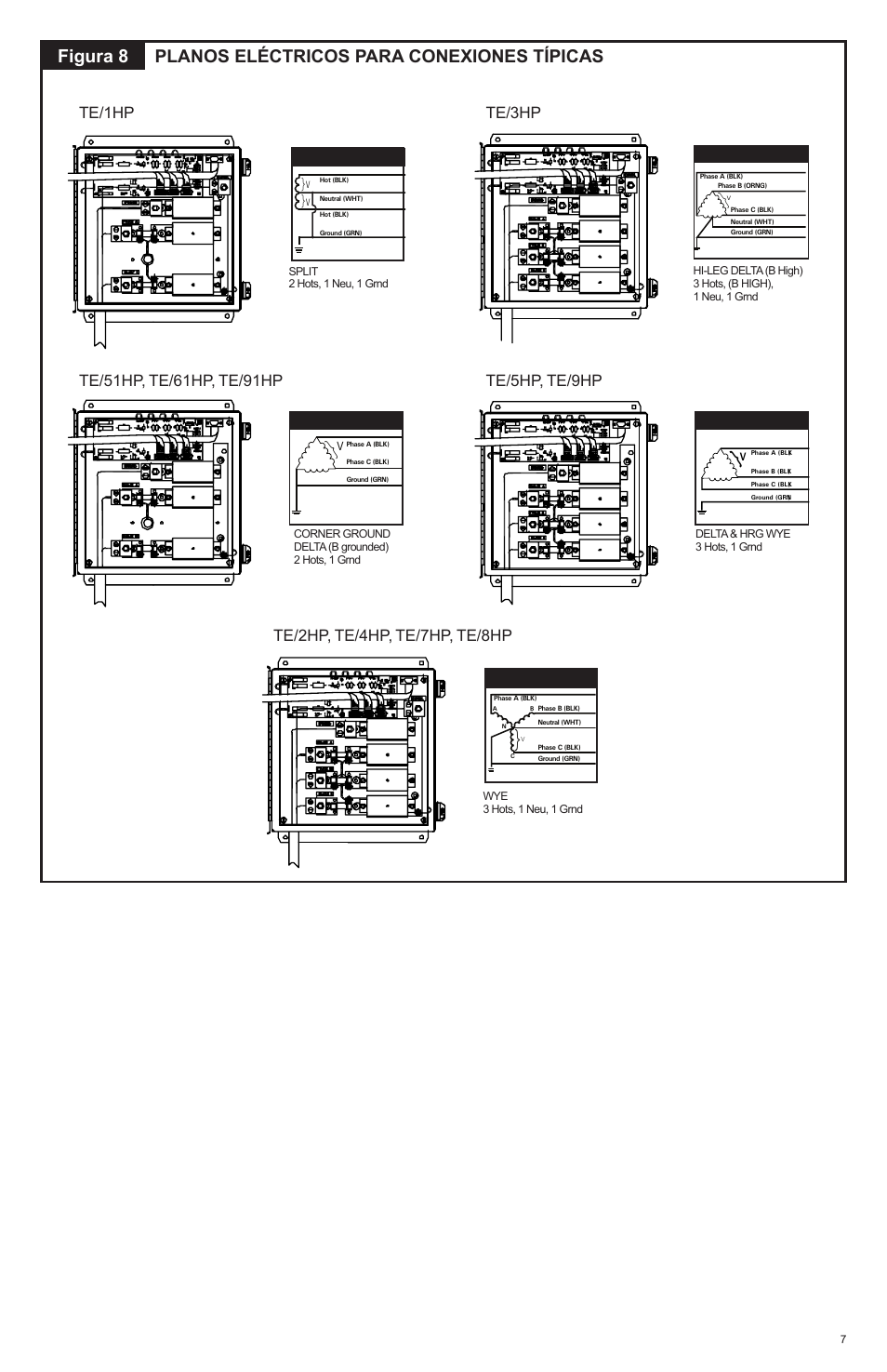 Figura 8 planos eléctricos para conexiones típicas, Te/1hp, Te/3hp | Te/5hp, te/9hp, Te/2hp, te/4hp, te/7hp, te/8hp | Advanced Protection HPS User Manual | Page 19 / 24