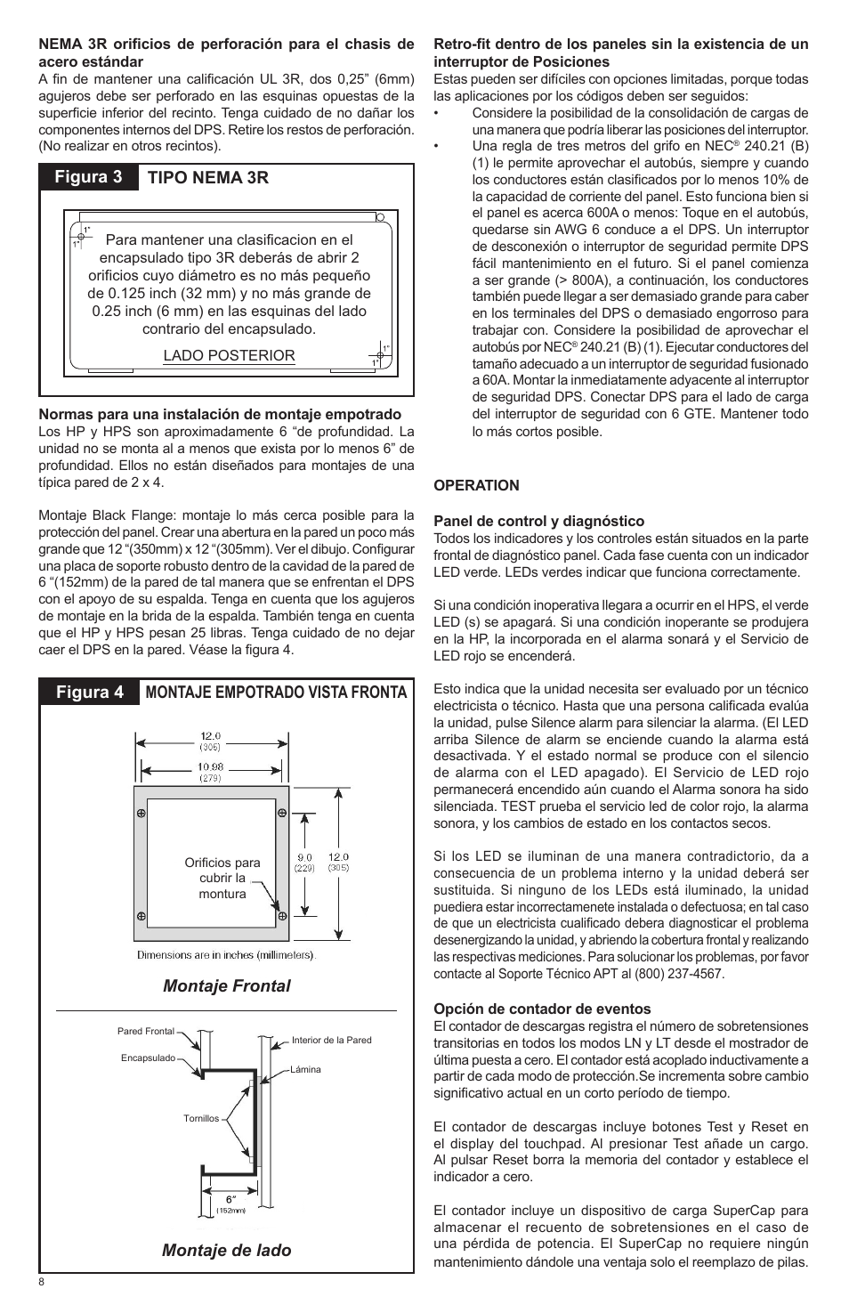 Montaje empotrado vista fronta figura 4 figura 3, Tipo nema 3r montaje frontal, Montaje de lado | Advanced Protection HPS User Manual | Page 20 / 24