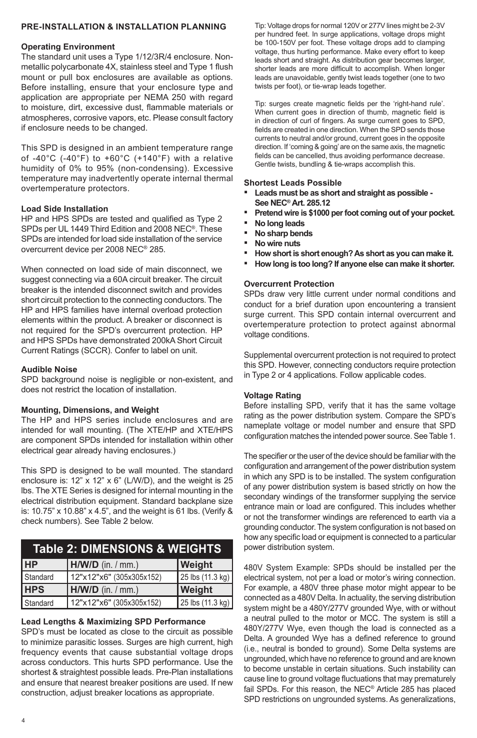 Table 2: dimensions & weights | Advanced Protection HPS User Manual | Page 4 / 24