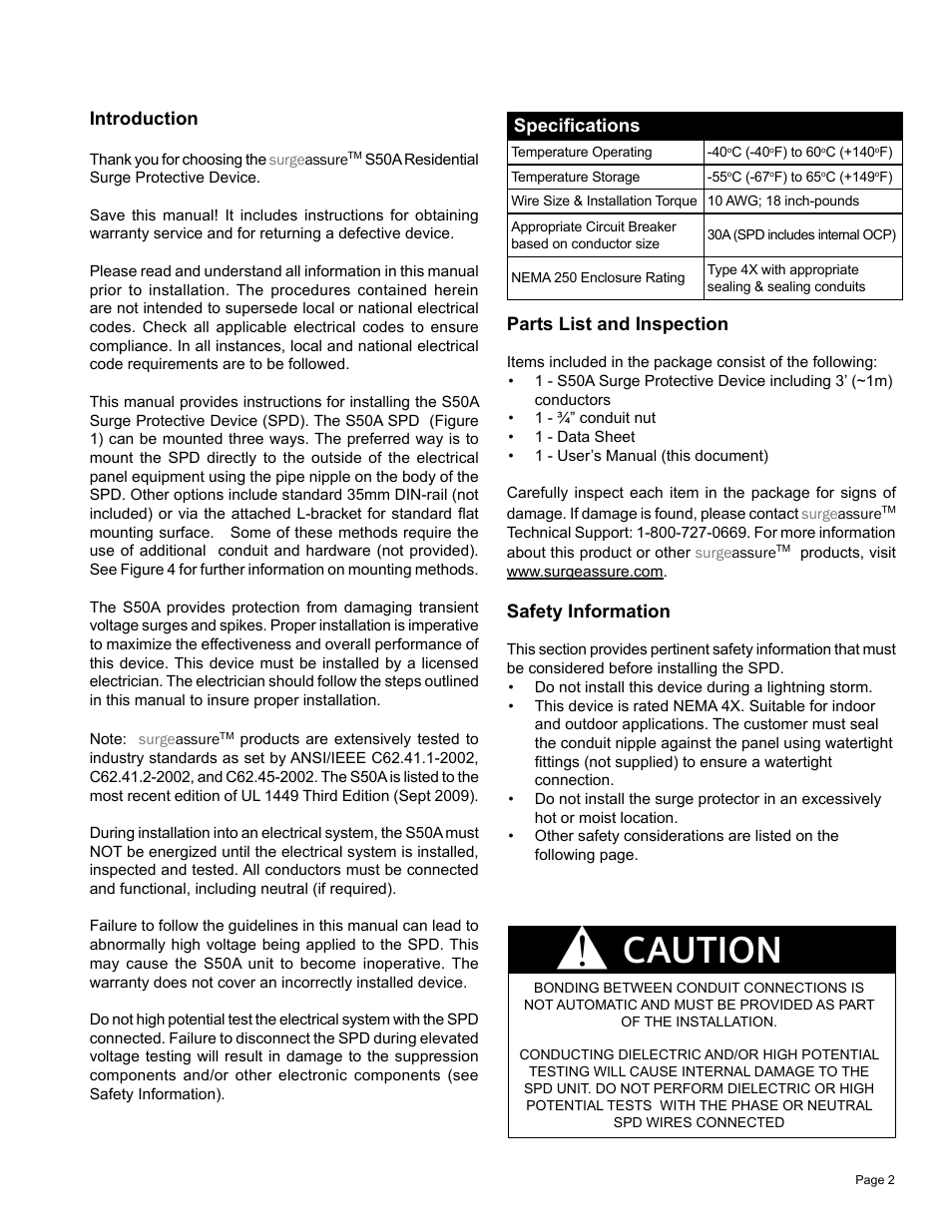 Caution | Advanced Protection S50A User Manual | Page 2 / 4