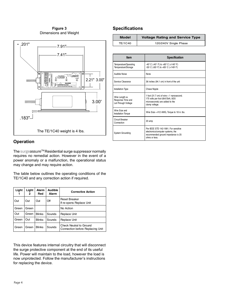 Specifications, Operation, Surge assure | Advanced Protection TE/1C40 User Manual | Page 6 / 8