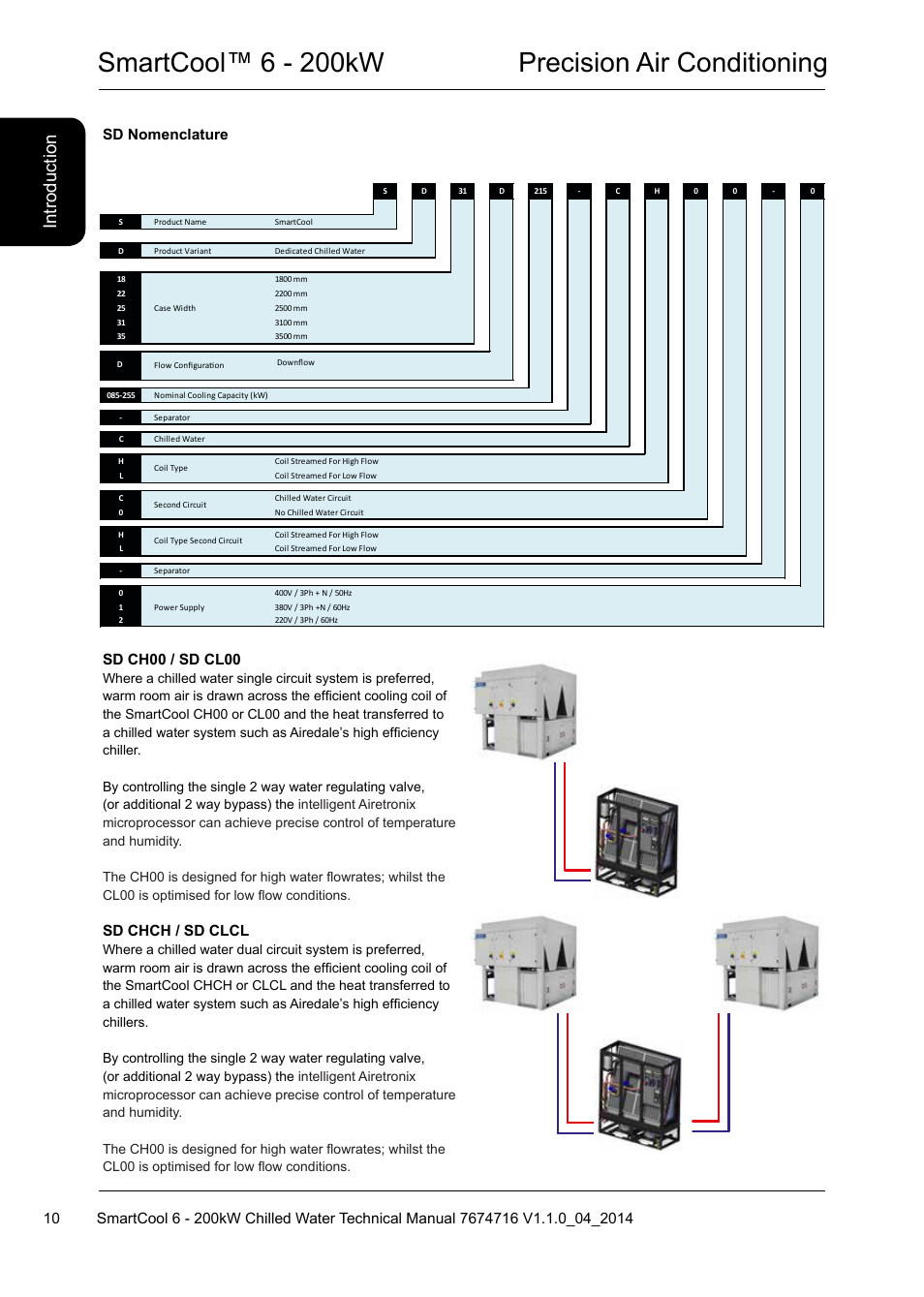 Smartcool™ 6 - 200kw precision air conditioning, Introduction, Sd nomenclature sd ch00 / sd cl00 | Sd chch / sd clcl | Airedale SmartCool 11-233kW User Manual | Page 10 / 194