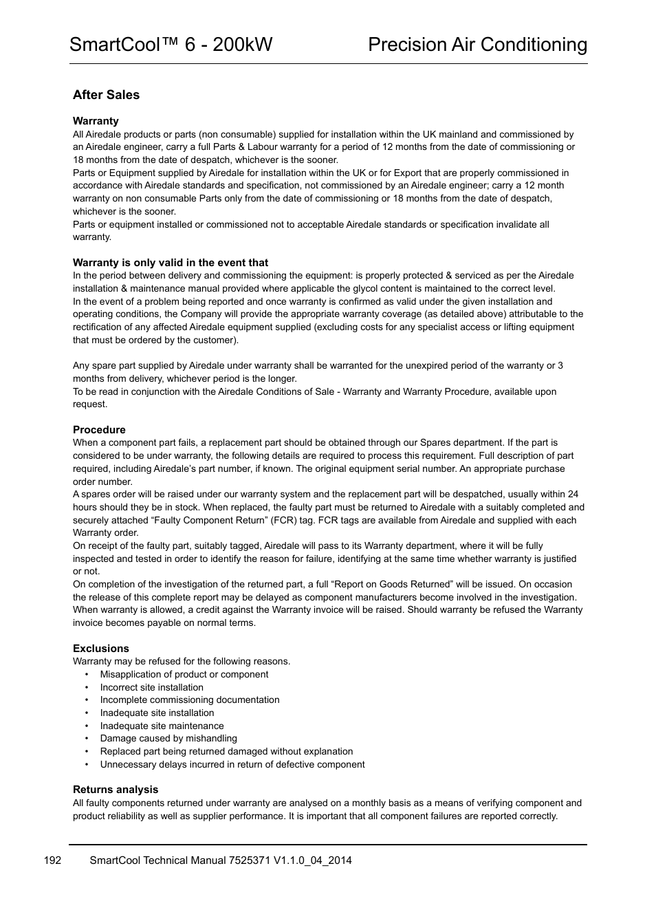 Smartcool™ 6 - 200kw precision air conditioning | Airedale SmartCool 11-233kW User Manual | Page 192 / 194