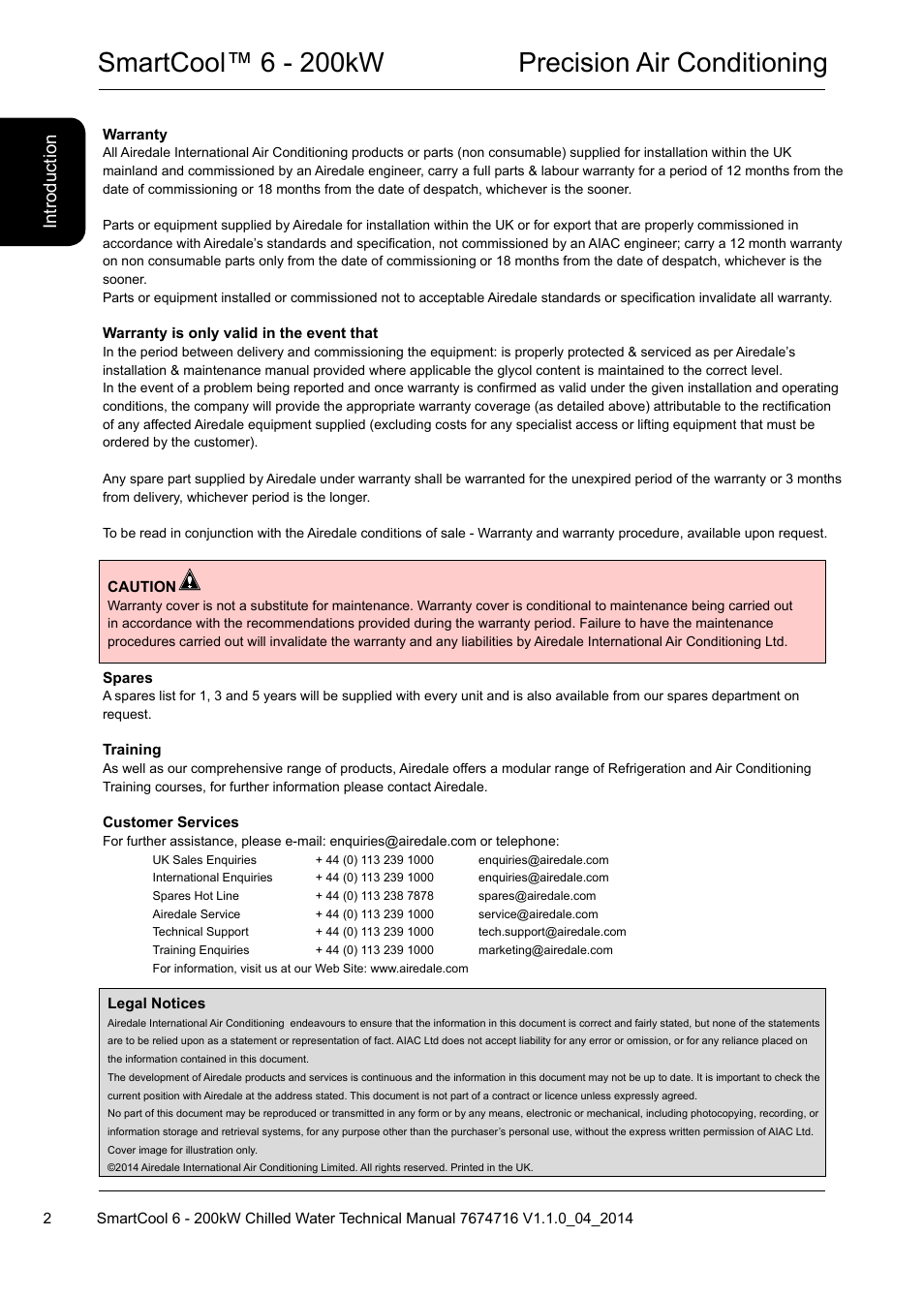 Smartcool™ 6 - 200kw precision air conditioning, Introduction | Airedale SmartCool 11-233kW User Manual | Page 2 / 194