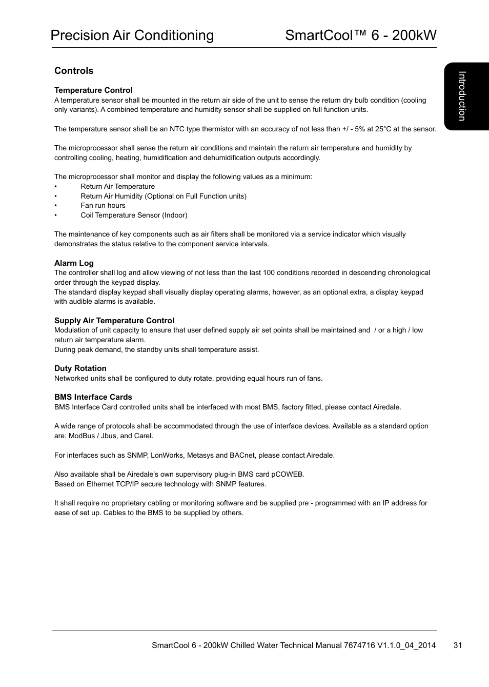 Precision air conditioning smartcool™ 6 - 200kw | Airedale SmartCool 11-233kW User Manual | Page 31 / 194