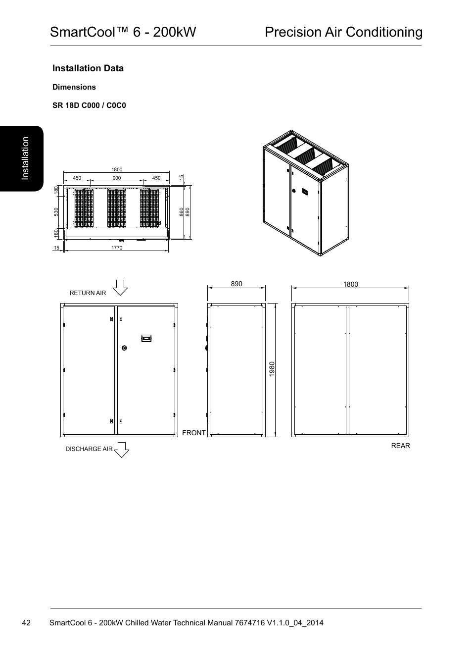 Smartcool™ 6 - 200kw precision air conditioning, Installation data, Ins ta lla tio n | Airedale SmartCool 11-233kW User Manual | Page 42 / 194