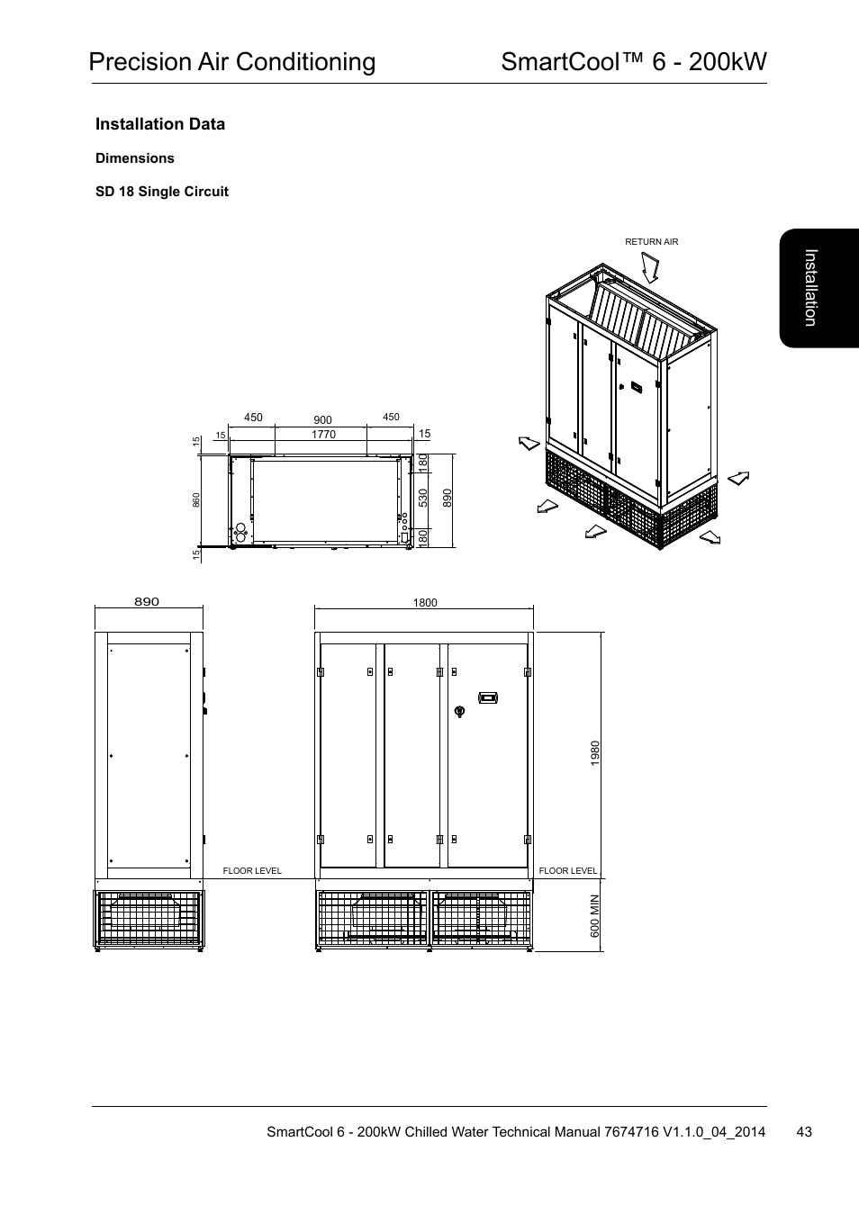 Precision air conditioning smartcool™ 6 - 200kw, Installation data, Ins ta lla tio n | Airedale SmartCool 11-233kW User Manual | Page 43 / 194