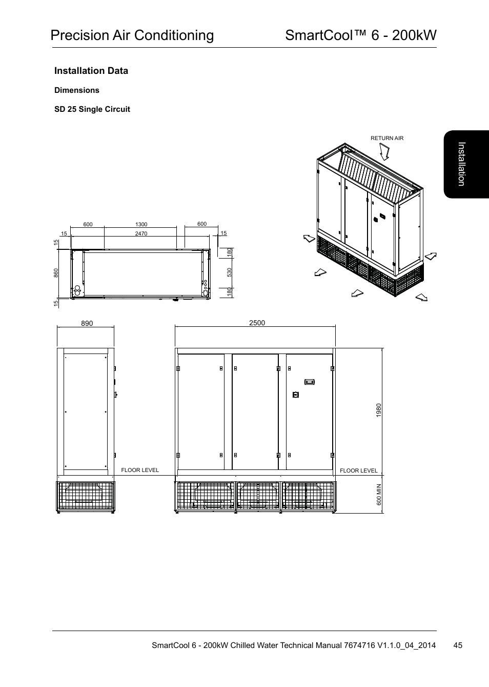 Precision air conditioning smartcool™ 6 - 200kw, Installation data, Ins ta lla tio n | Airedale SmartCool 11-233kW User Manual | Page 45 / 194
