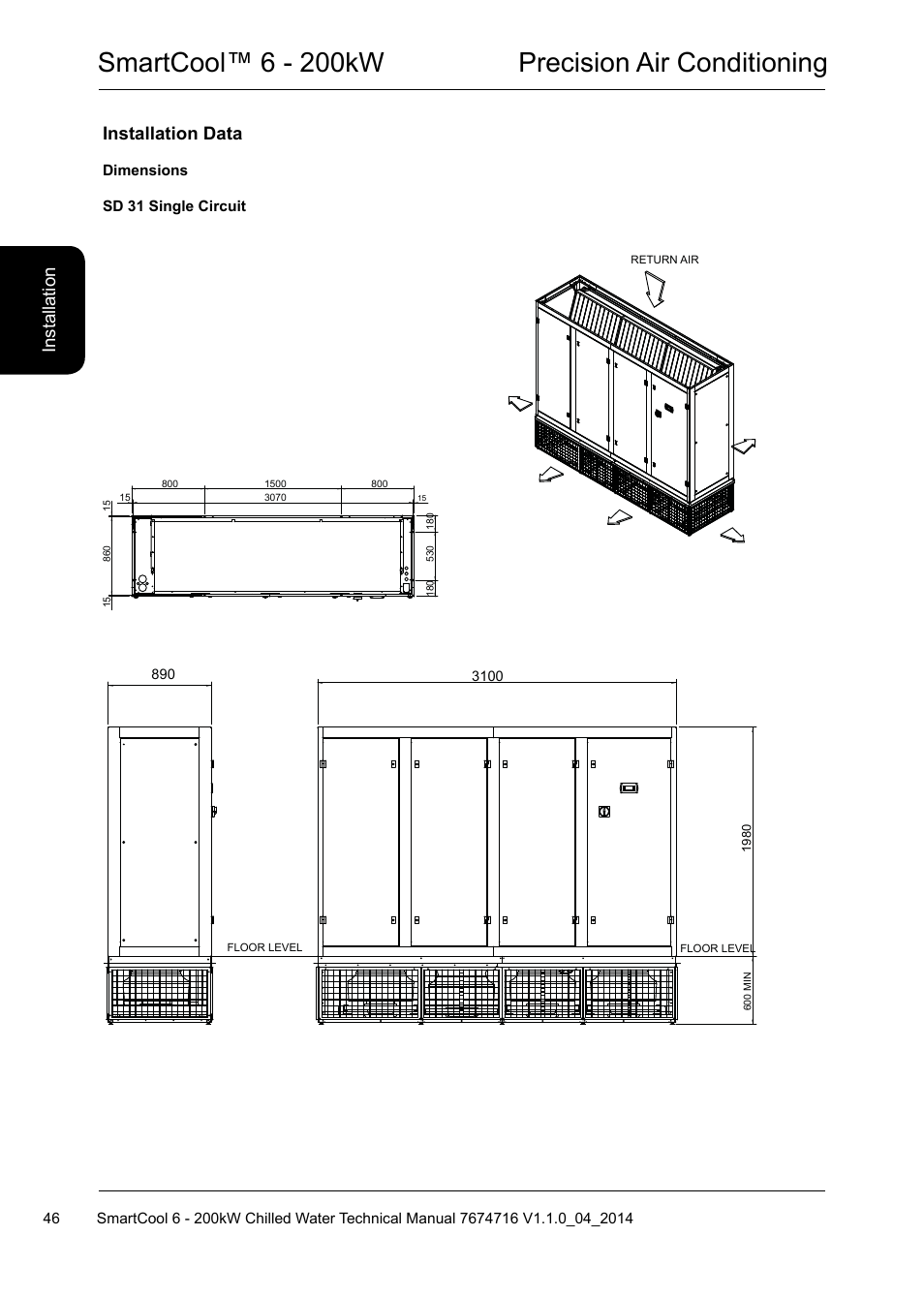 Smartcool™ 6 - 200kw precision air conditioning, Installation data, Ins ta lla tio n | Airedale SmartCool 11-233kW User Manual | Page 46 / 194