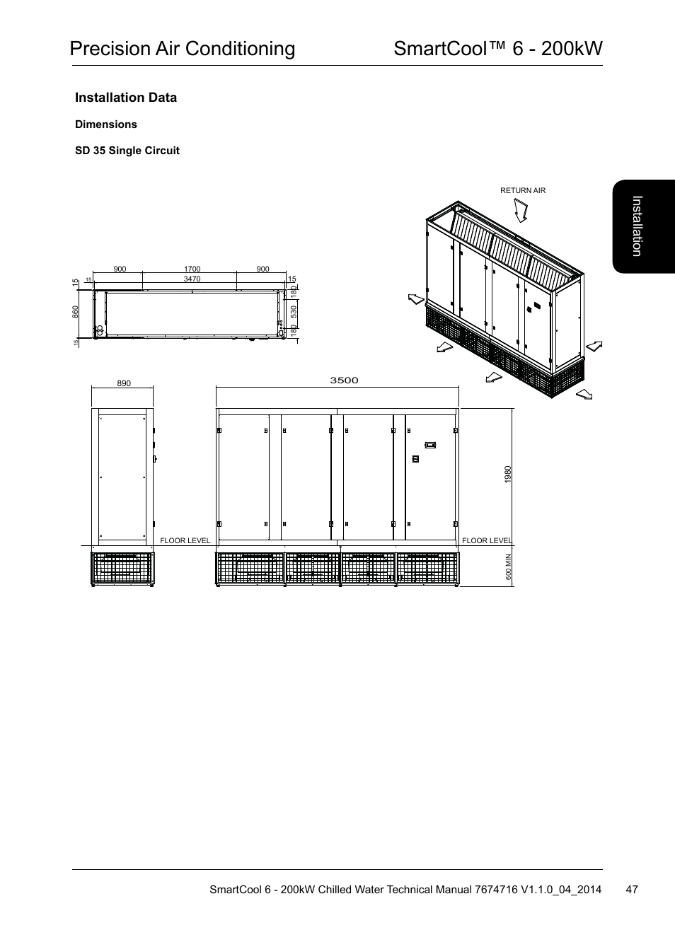Precision air conditioning smartcool™ 6 - 200kw, Installation data, Ins ta lla tio n | Airedale SmartCool 11-233kW User Manual | Page 47 / 194