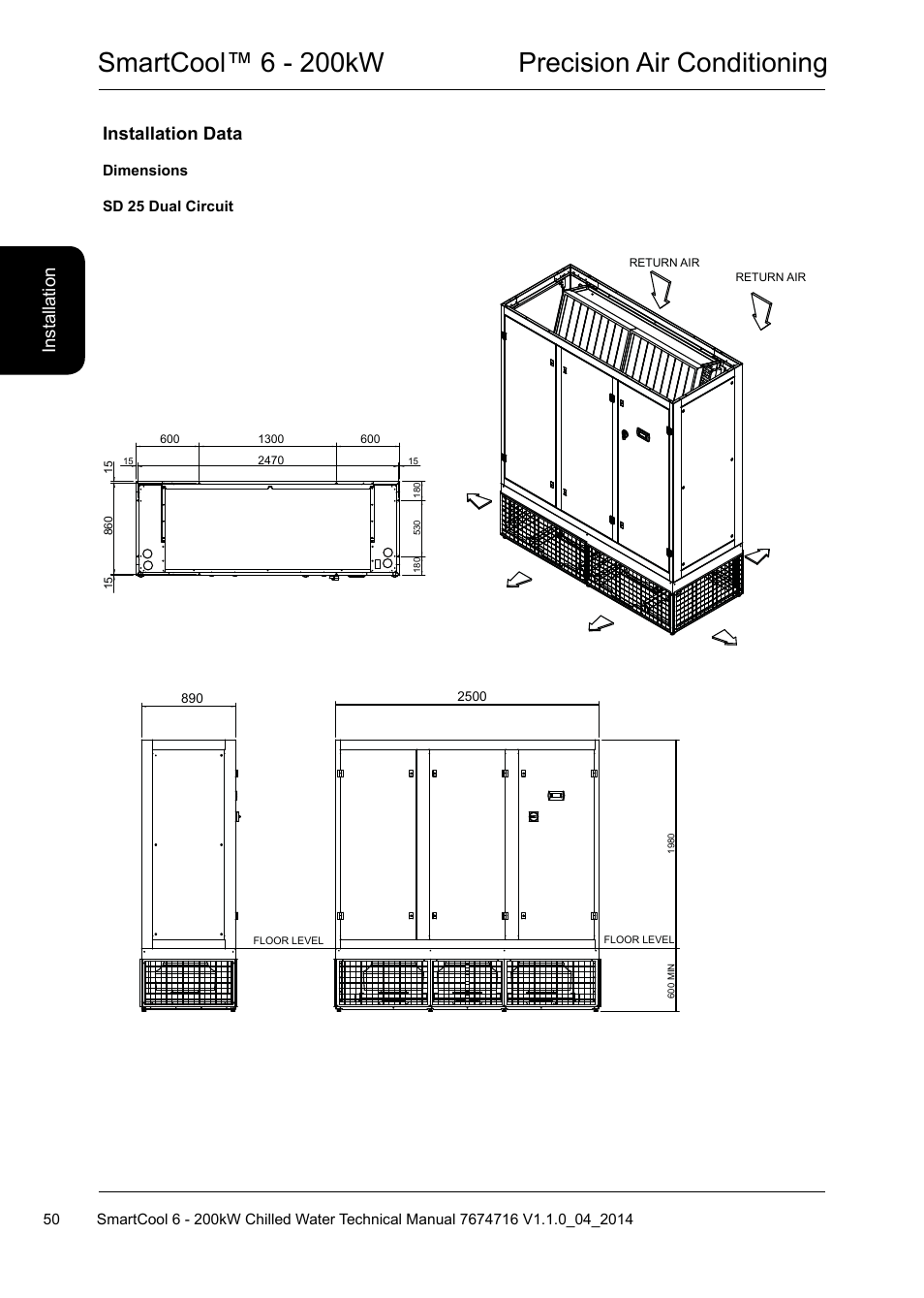 Smartcool™ 6 - 200kw precision air conditioning, Installation data, Ins ta lla tio n | Airedale SmartCool 11-233kW User Manual | Page 50 / 194