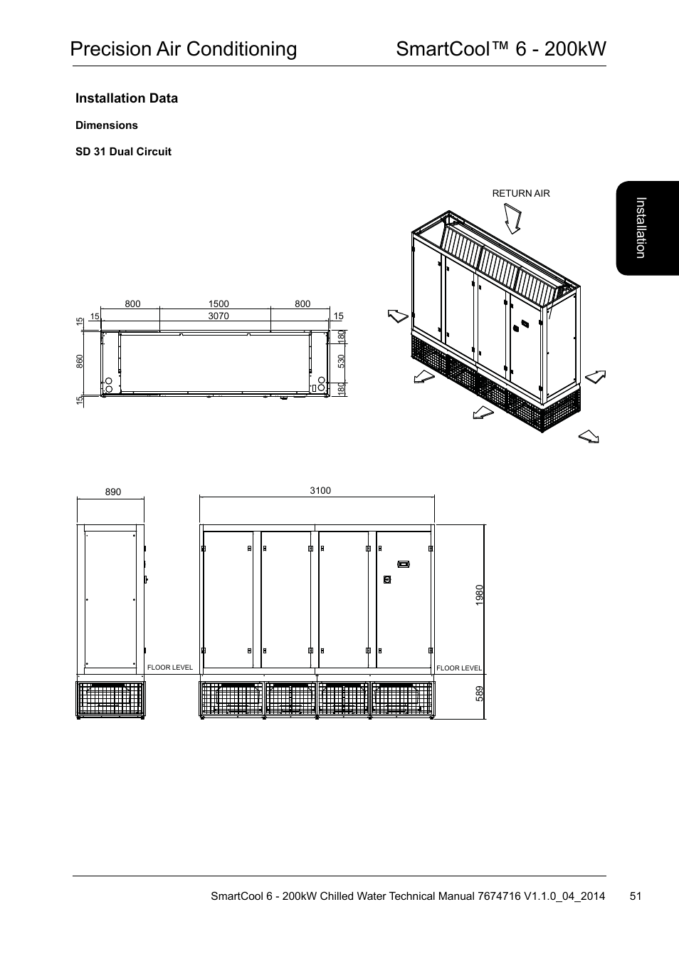 Precision air conditioning smartcool™ 6 - 200kw, Installation data, Ins ta lla tio n | Airedale SmartCool 11-233kW User Manual | Page 51 / 194
