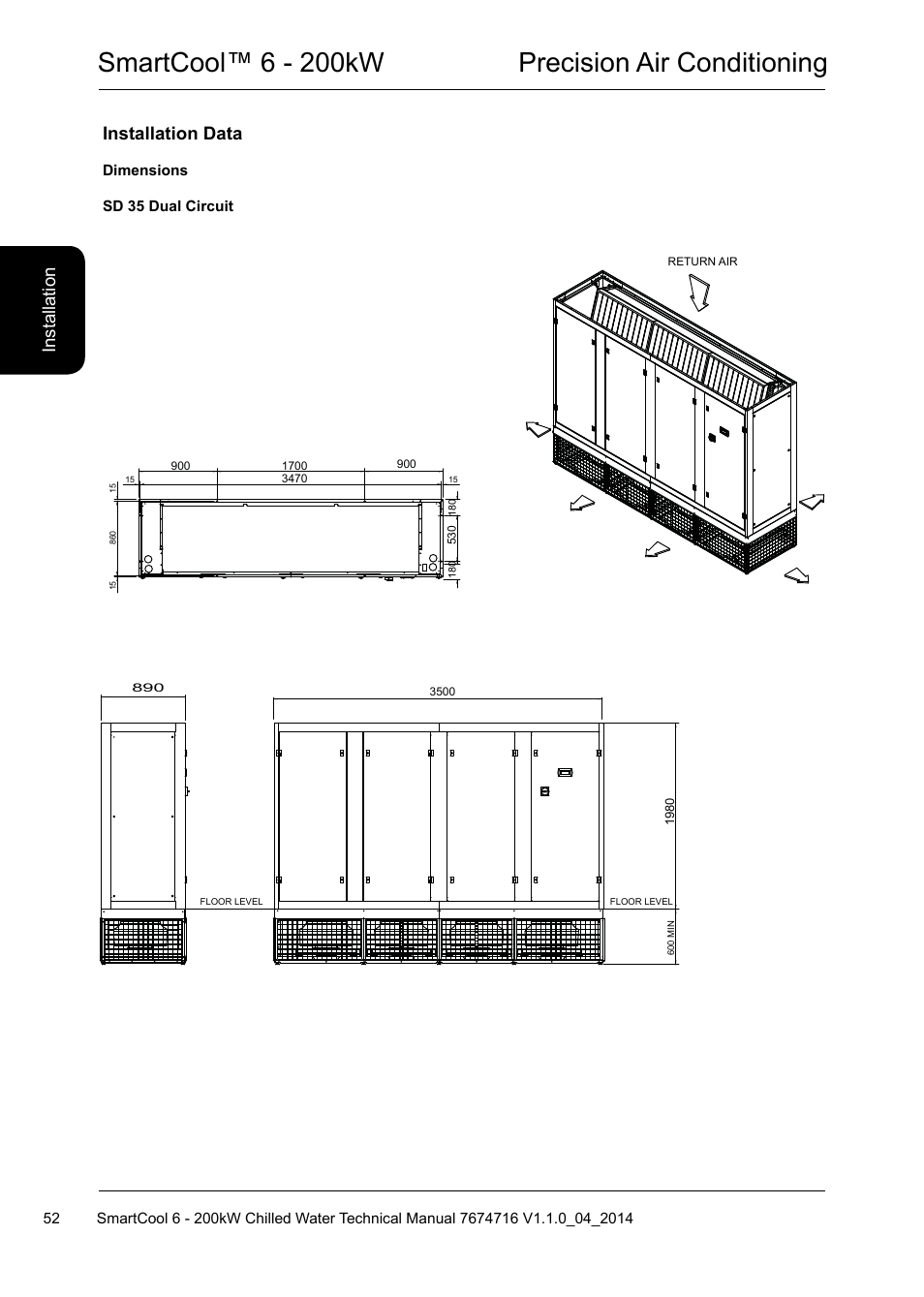 Smartcool™ 6 - 200kw precision air conditioning, Installation data, Ins ta lla tio n | Airedale SmartCool 11-233kW User Manual | Page 52 / 194