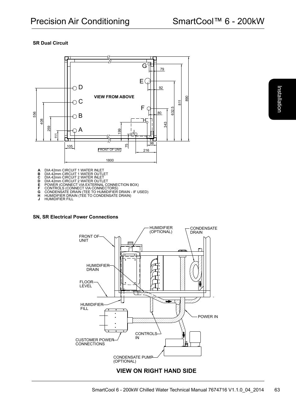 Precision air conditioning smartcool™ 6 - 200kw, View on right hand side, Ins ta lla tio n | Airedale SmartCool 11-233kW User Manual | Page 63 / 194