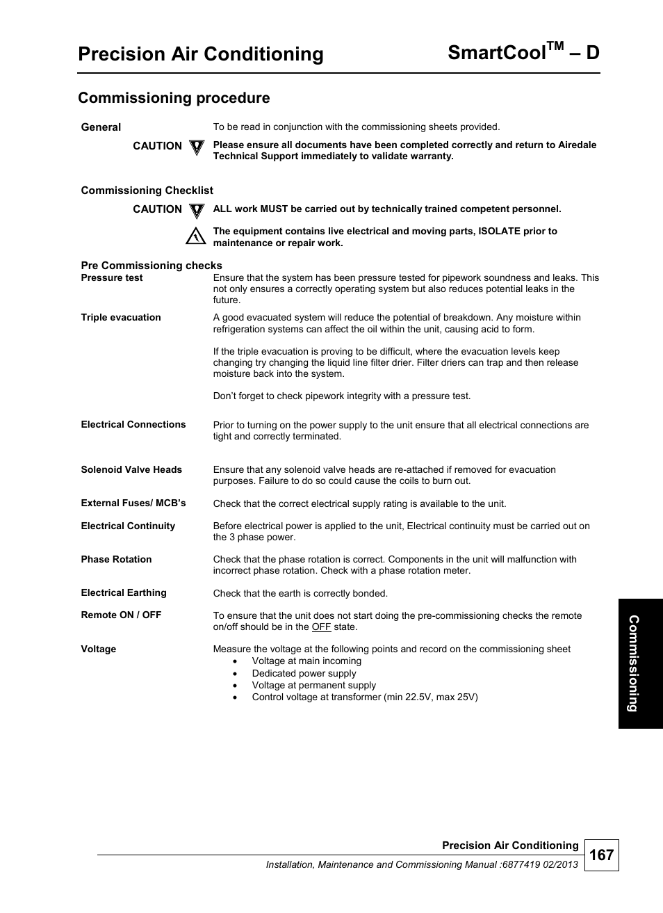 Precision air conditioning, Smartcool, Commissioning procedure | Airedale SmartCool 11-233kW User Manual | Page 167 / 218