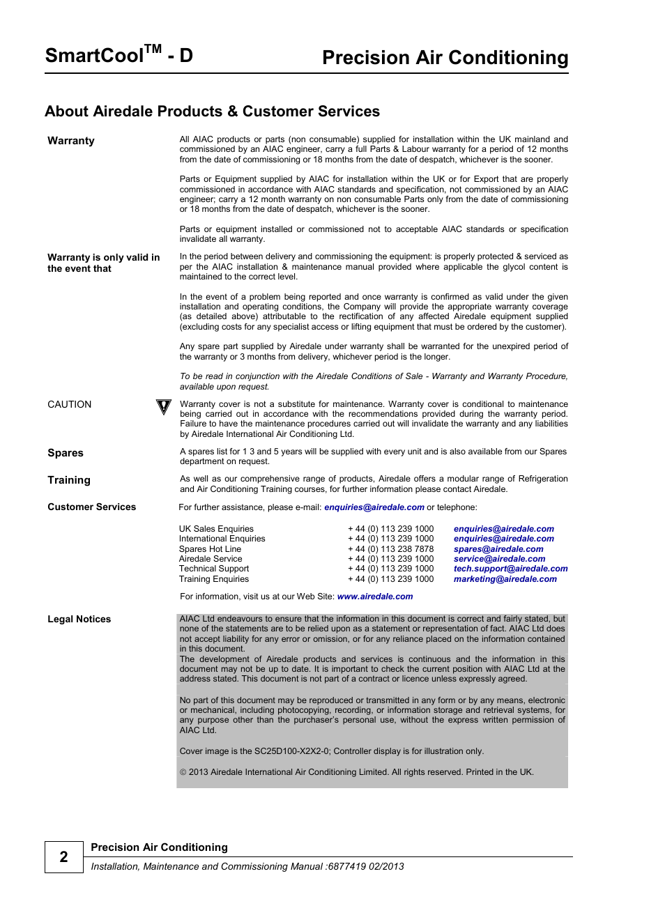 Smartcool, Precision air conditioning, About airedale products & customer services | Airedale SmartCool 11-233kW User Manual | Page 2 / 218