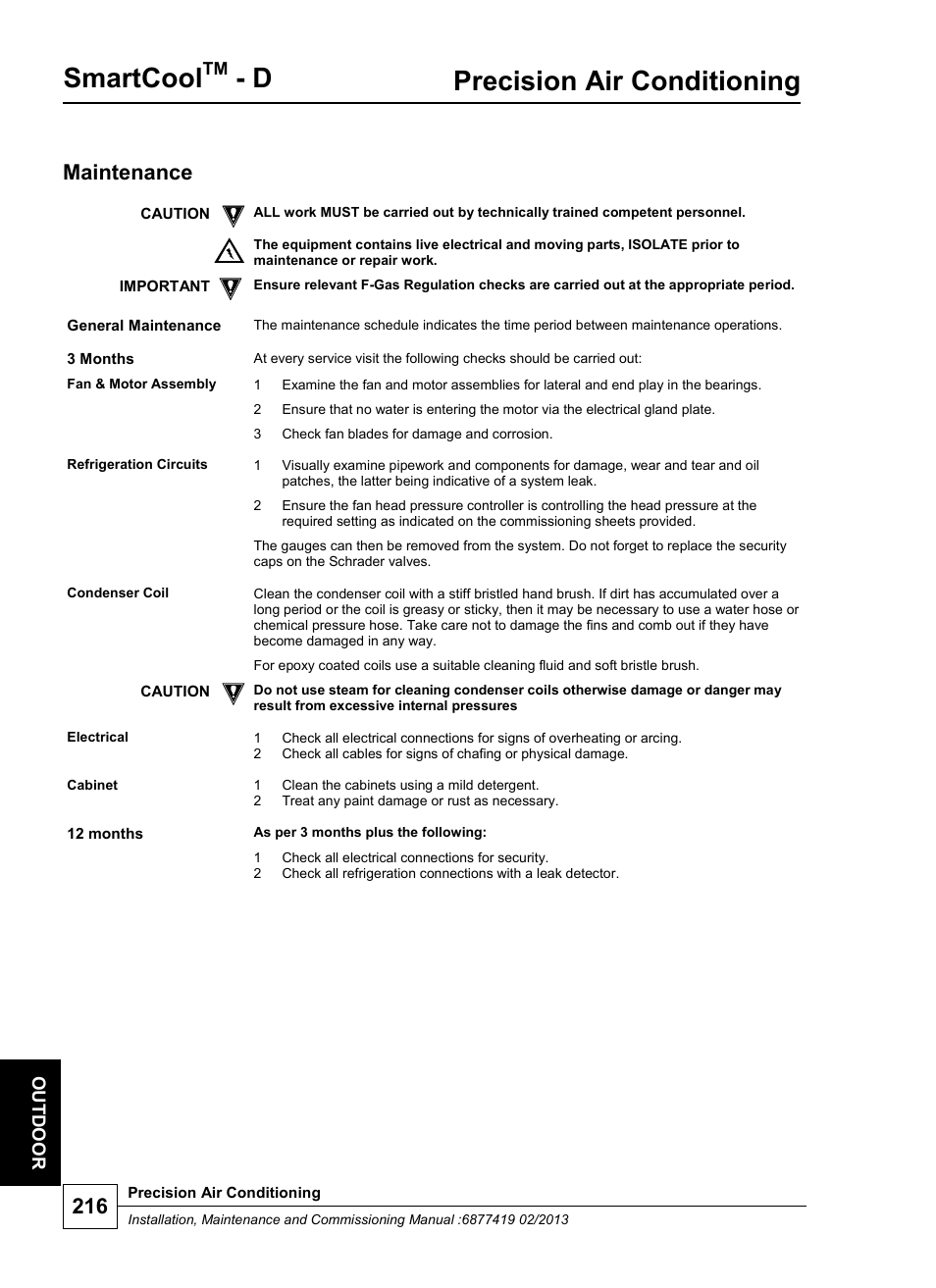 Smartcool, Precision air conditioning, Maintenance | Ou t d oo r | Airedale SmartCool 11-233kW User Manual | Page 216 / 218