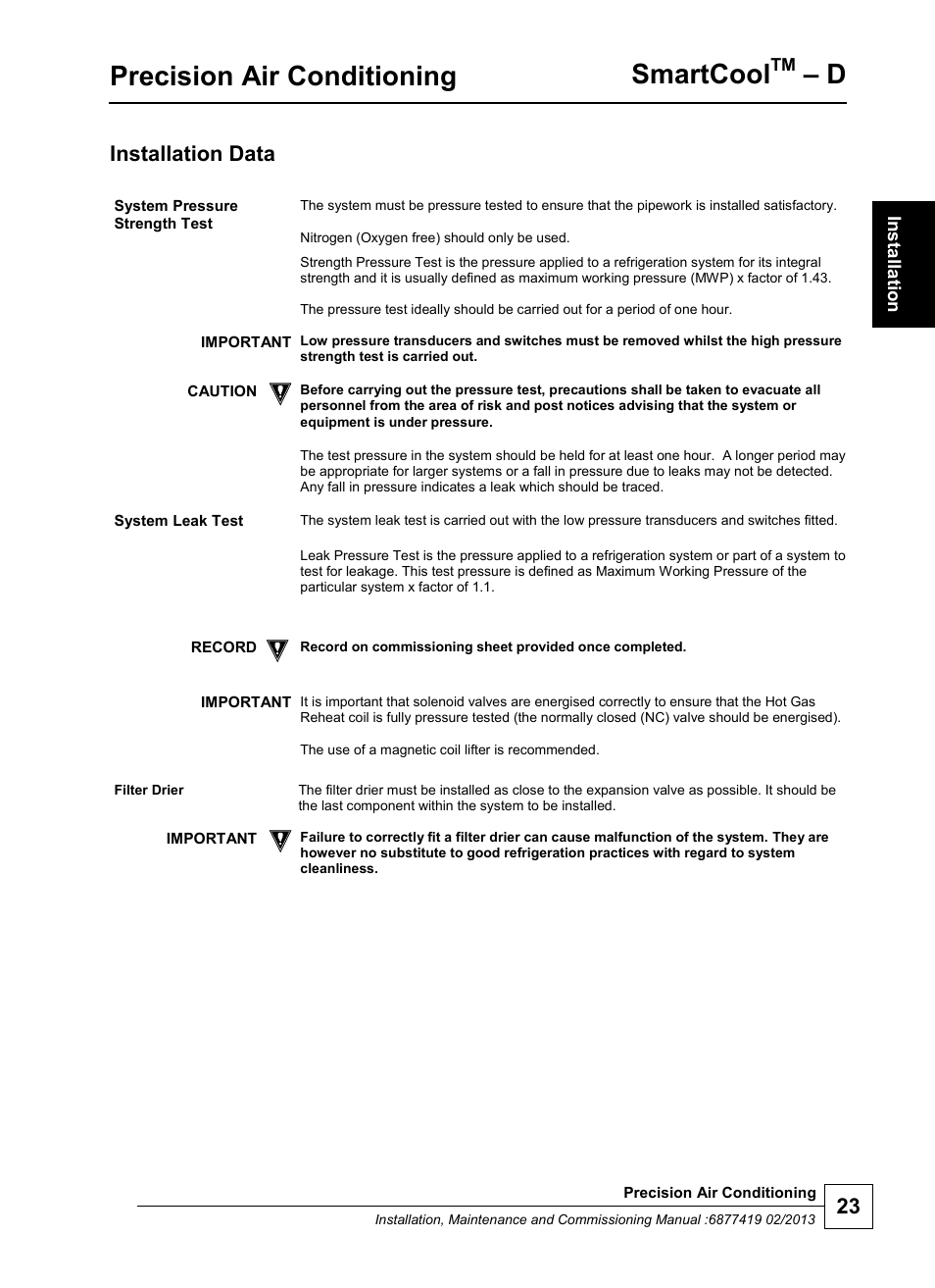 Precision air conditioning, Smartcool, Installation data | Airedale SmartCool 11-233kW User Manual | Page 23 / 218