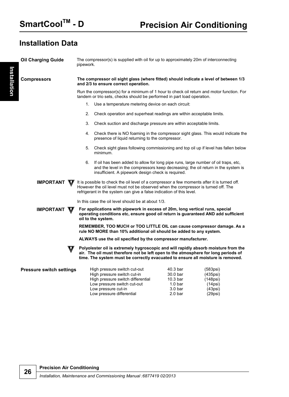 Smartcool, Precision air conditioning, Installation data | Airedale SmartCool 11-233kW User Manual | Page 26 / 218