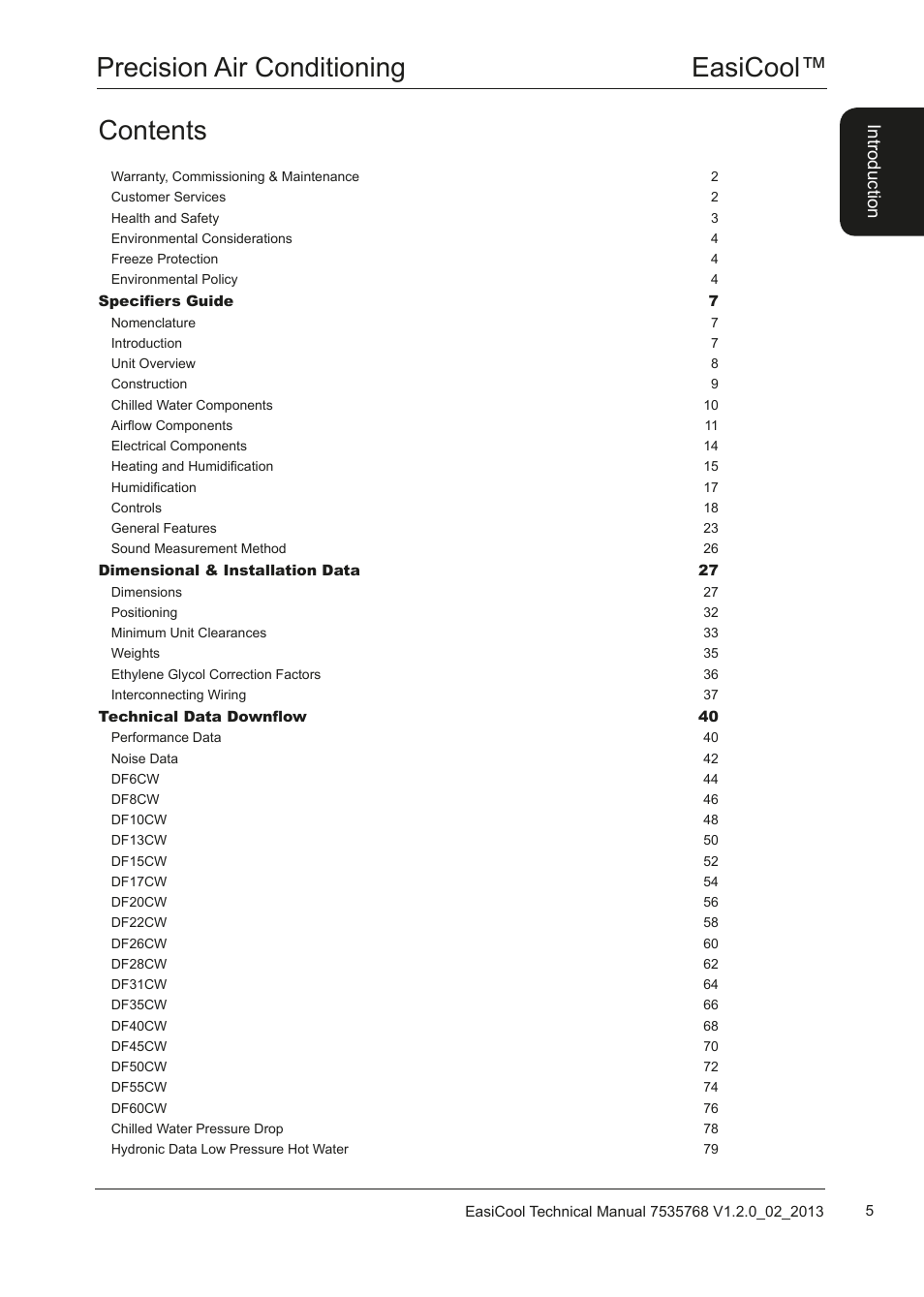 Easicool™ precision air conditioning contents, Introduction | Airedale EasiCool 6kW  64kW User Manual | Page 5 / 122