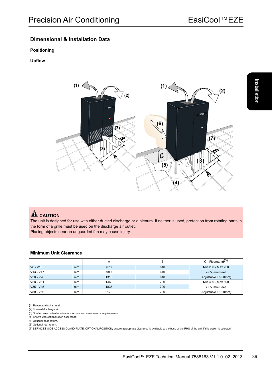 Easicool™eze precision air conditioning, Dimensional & installation data, Ins ta lla tio n | Airedale EasiCool 6kW  64kW User Manual | Page 39 / 142