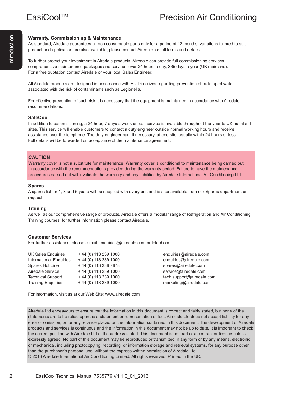 Warranty, commissioning & maintenance, Customer services, Easicool™ precision air conditioning | Introduction | Airedale EasiCool 6kW  64kW User Manual | Page 2 / 196