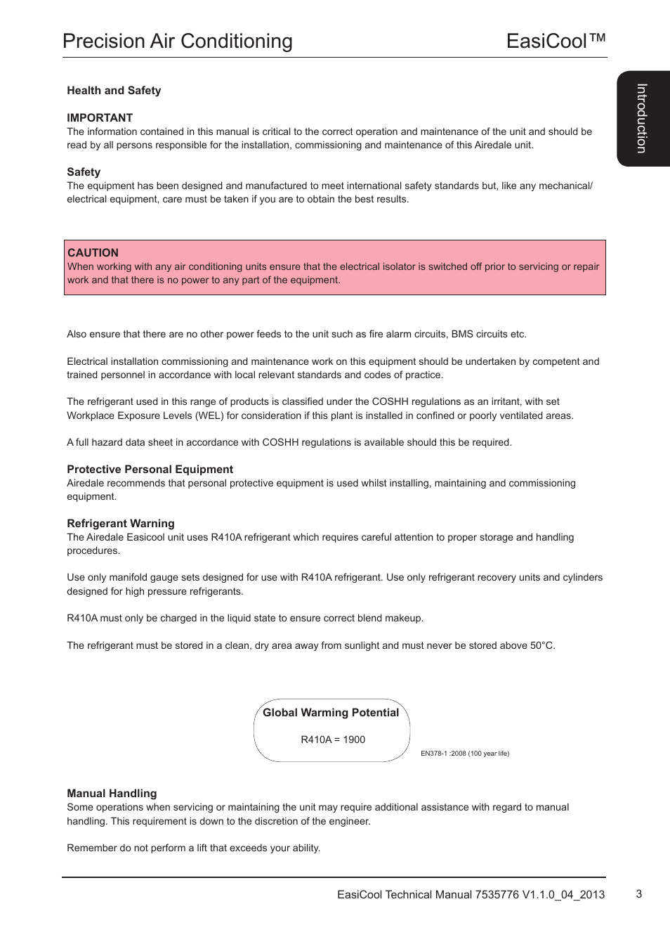 Health and safety, Manual handling, Easicool™ precision air conditioning | Airedale EasiCool 6kW  64kW User Manual | Page 3 / 196